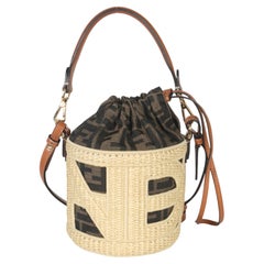 Fendi Beige Braun Raffia Zucca Canvas FF Step Out Bucket Bag