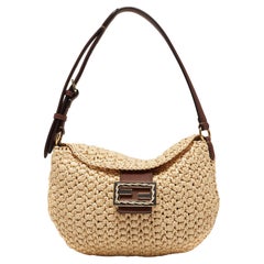 Fendi Beige/Brown Woven Wicker and Leather Small Croissant Hobo