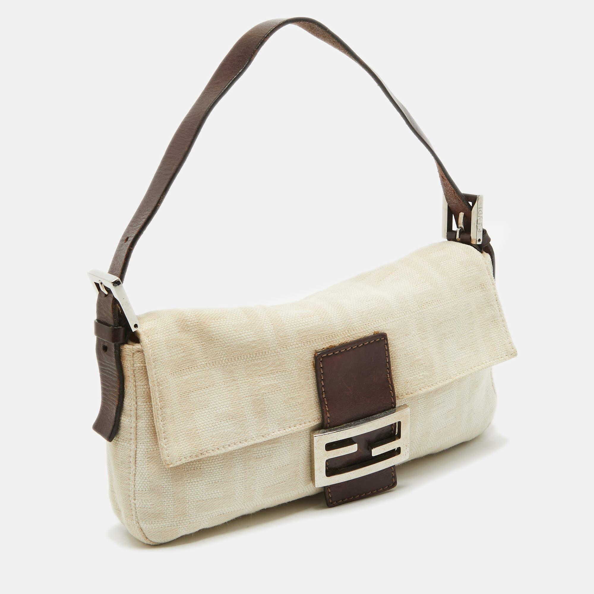 Women's Fendi Beige/Brown Zucca Canvas and Leather Vintage Baguette Bag For Sale