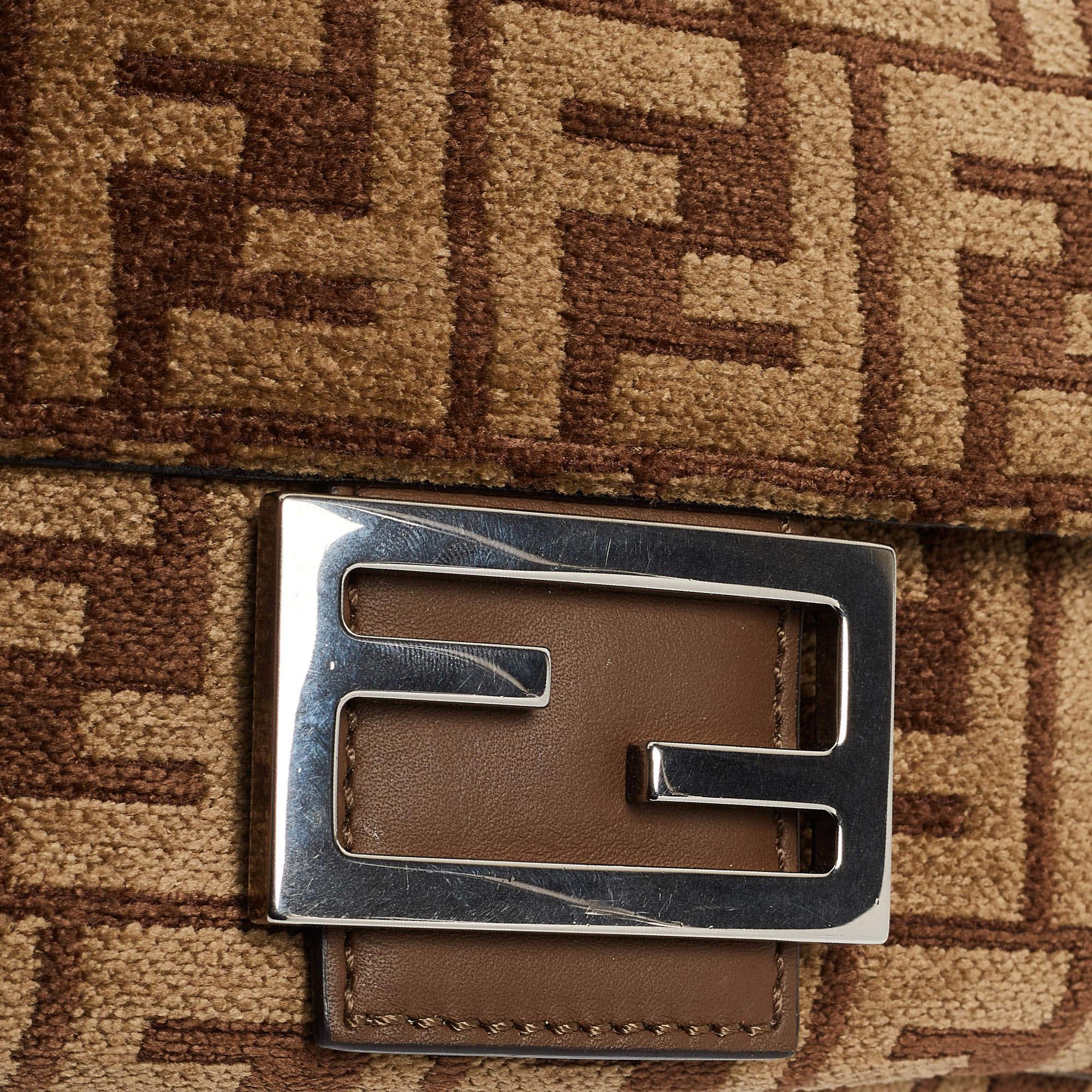 Fendi Beige/Brown Zucca Velvet and Leather Midi Chain Baguette Bag 6