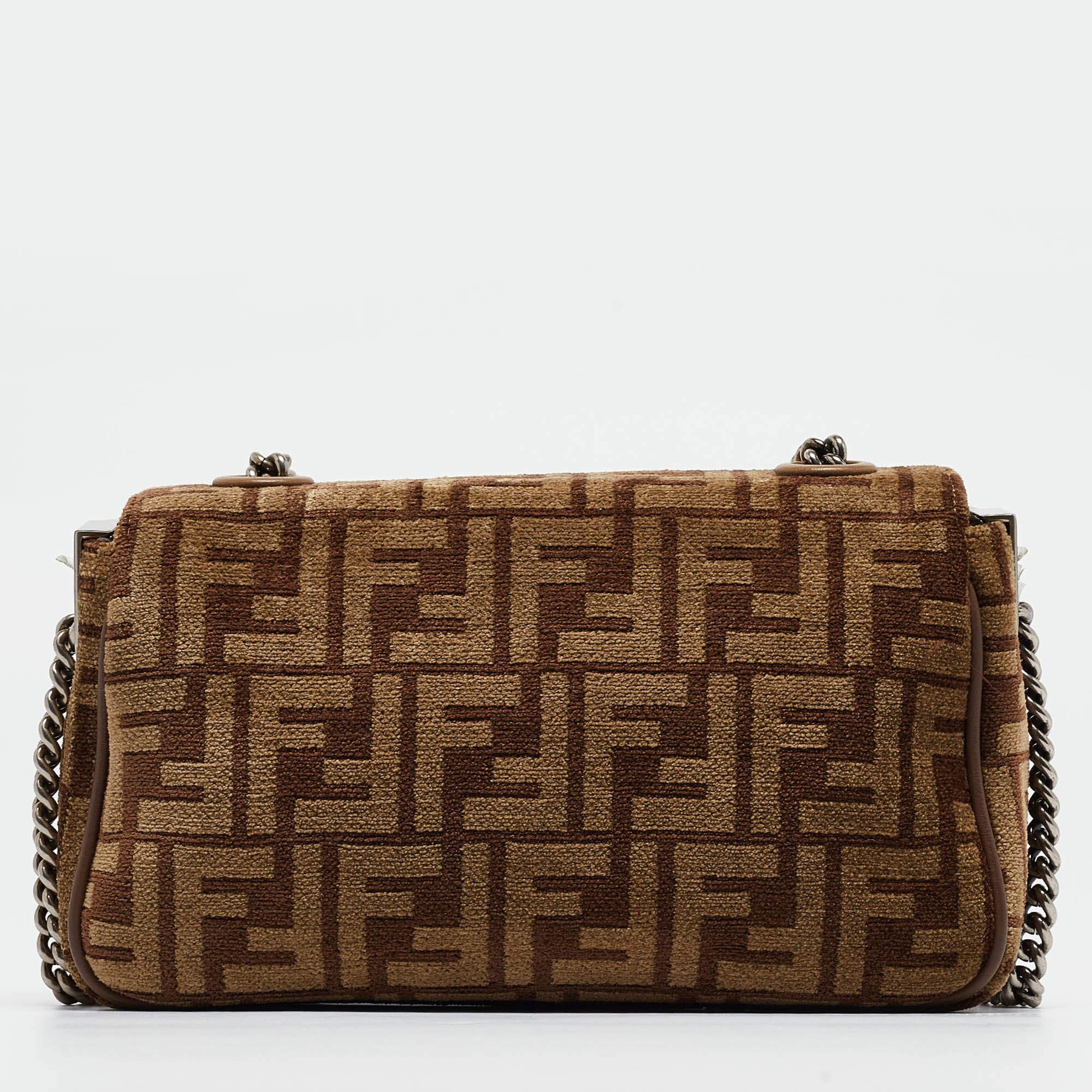 Women's Fendi Beige/Brown Zucca Velvet and Leather Midi Chain Baguette Bag