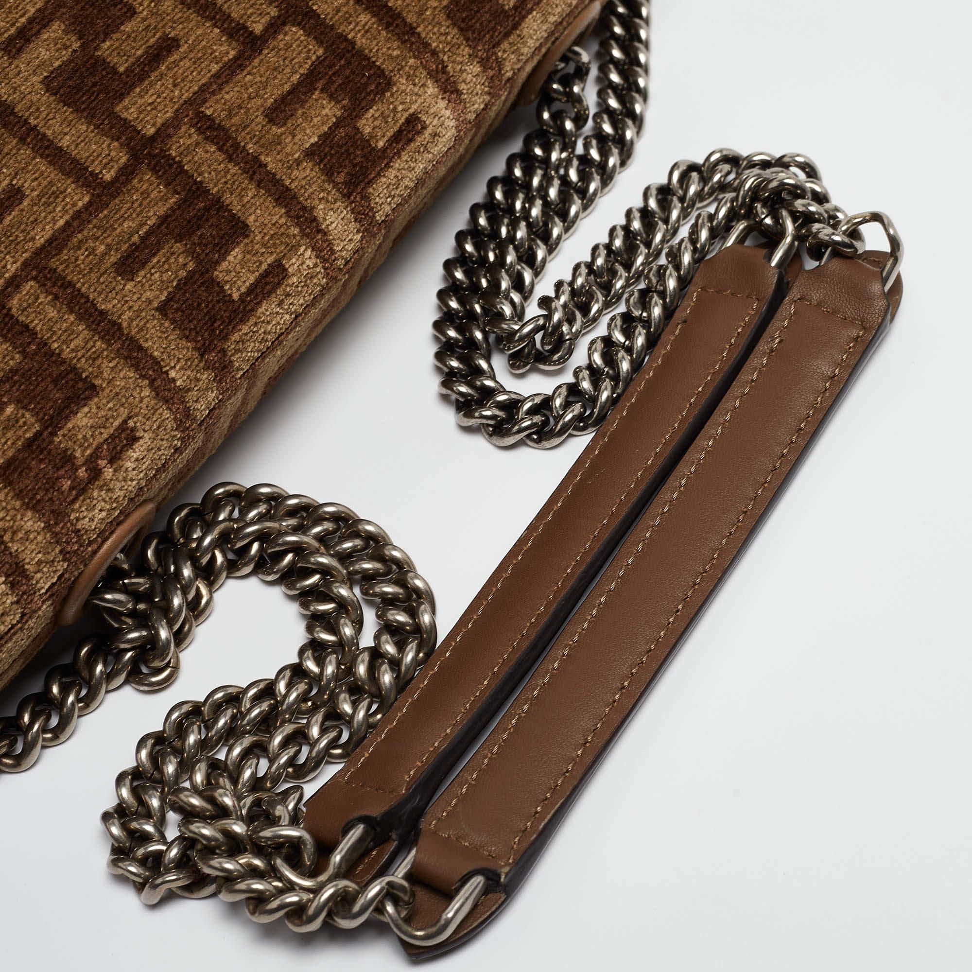 Fendi Beige/Brown Zucca Velvet and Leather Midi Chain Baguette Bag 1