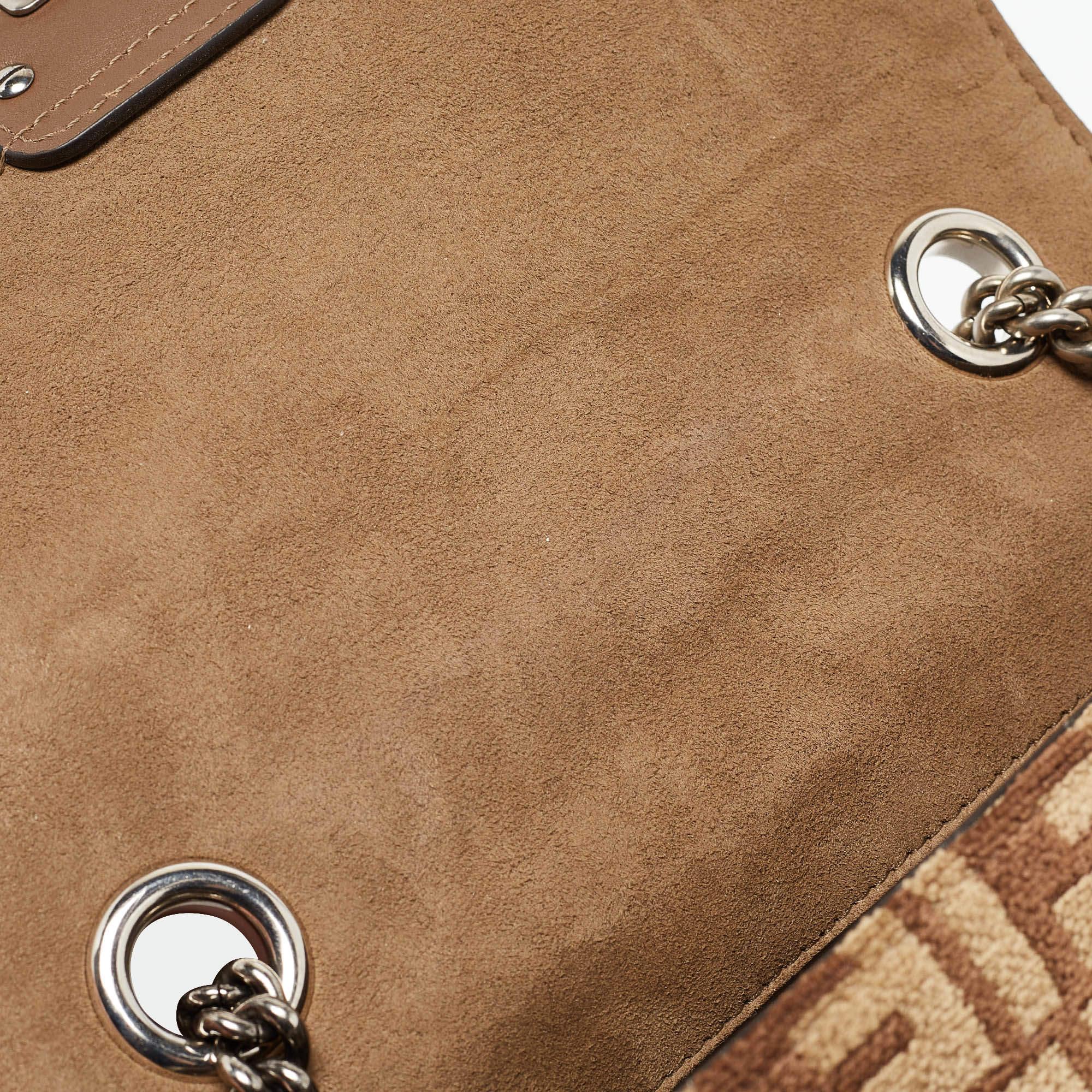 Fendi Beige/Brown Zucca Velvet and Leather Midi Chain Baguette Bag 4