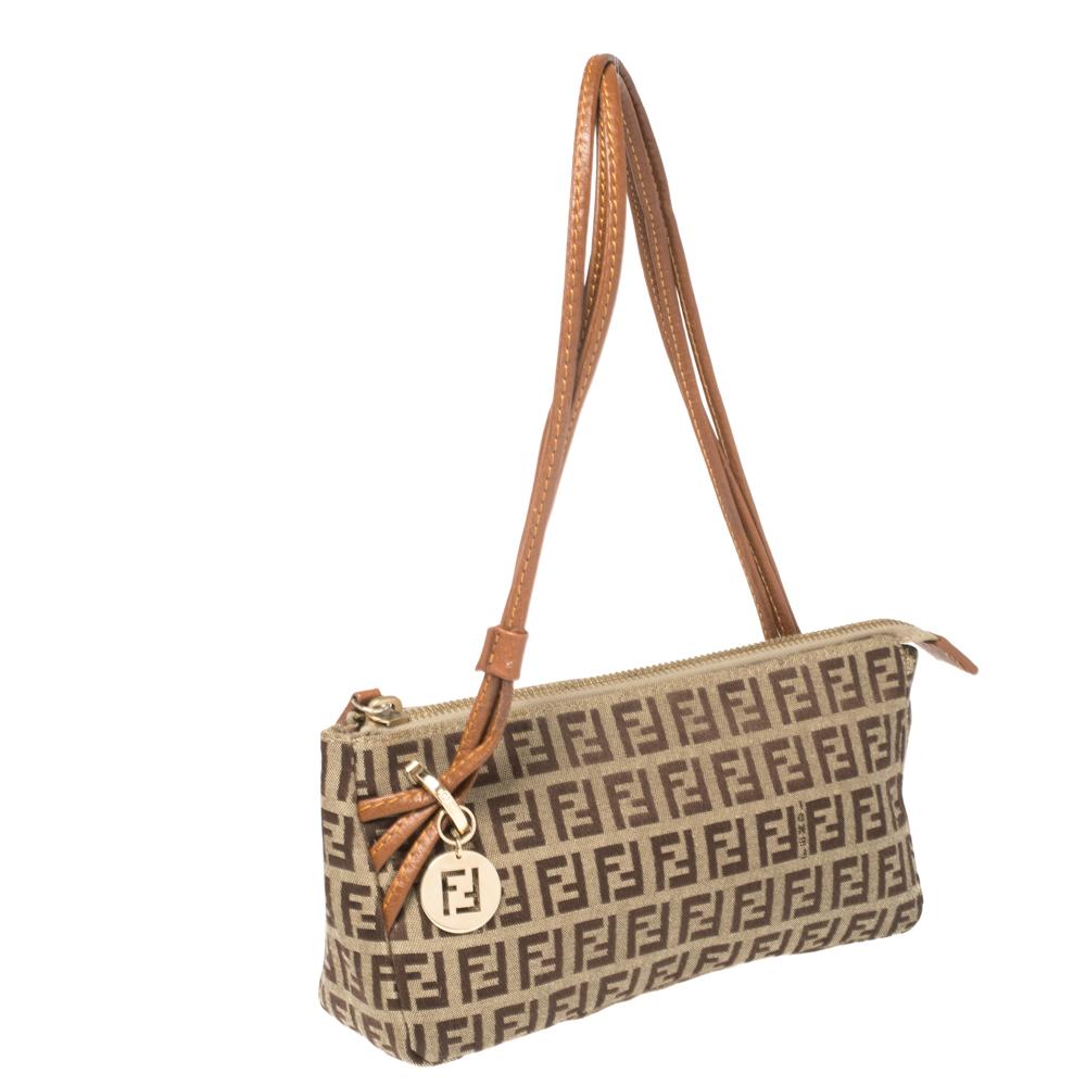 Women's Fendi Beige/Brown Zucchino Canvas and Leather Baguette Bag