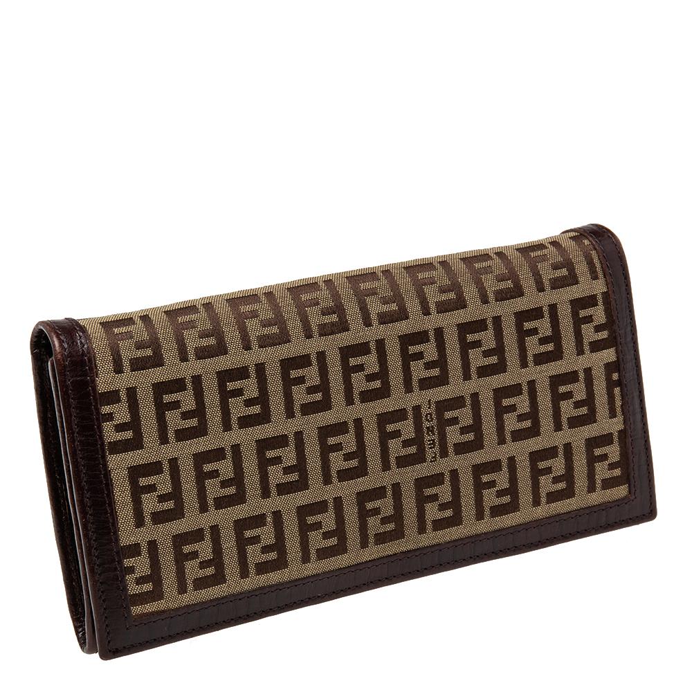 Black Fendi Beige/Brown Zucchino Canvas and Leather Flap Continental Wallet