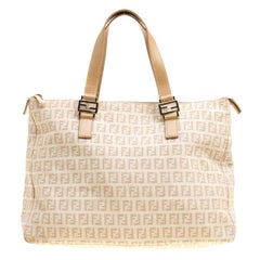 Fendi Beige/Brown Zucchino Canvas and Leather Zip Tote