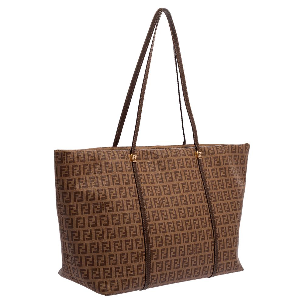 Women's Fendi Beige/Brown Zucchino Coated Canvas and Leather Shopper Tote