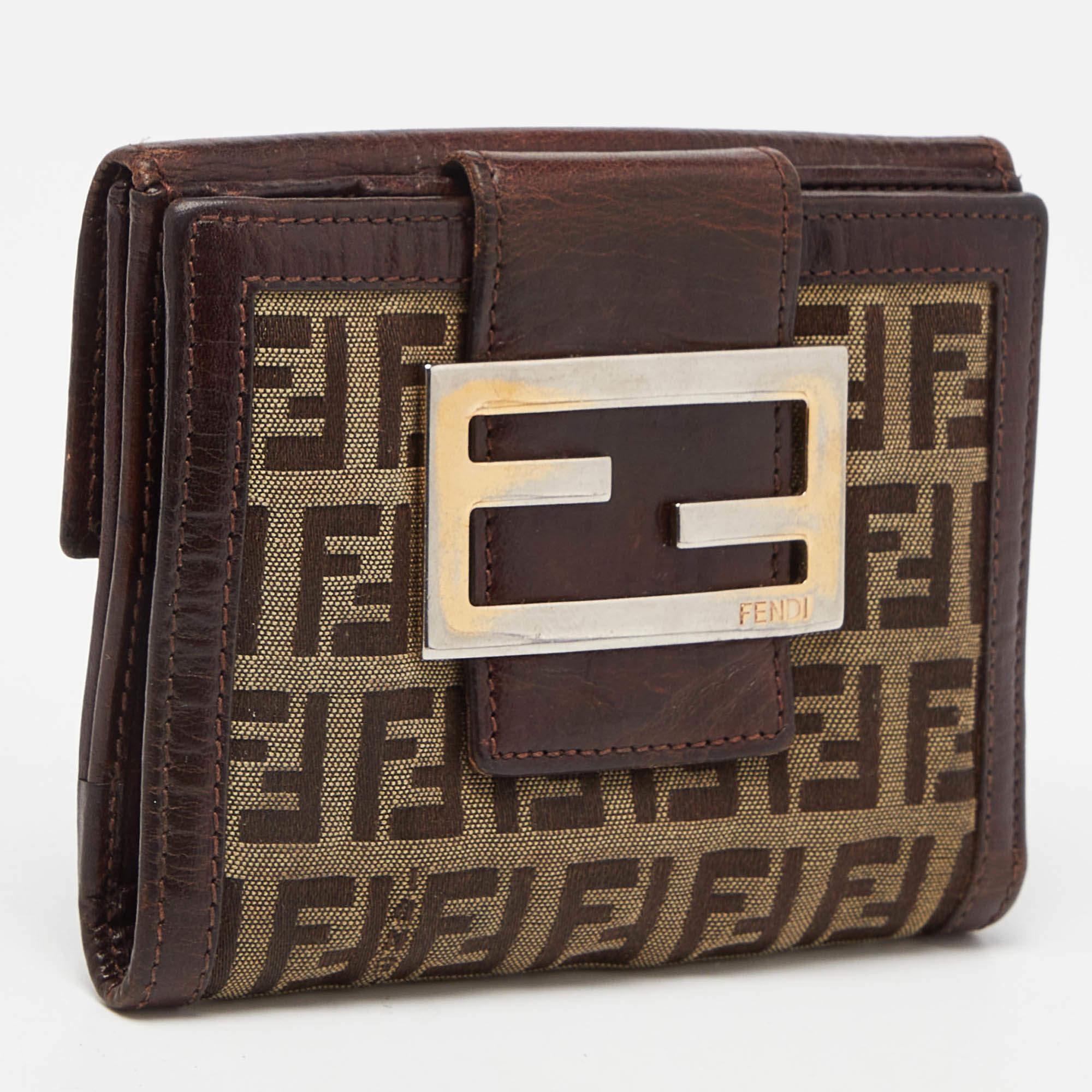 Black Fendi Beige/Brown Zuchino Canvas and Leather Forever Flap Wallet For Sale