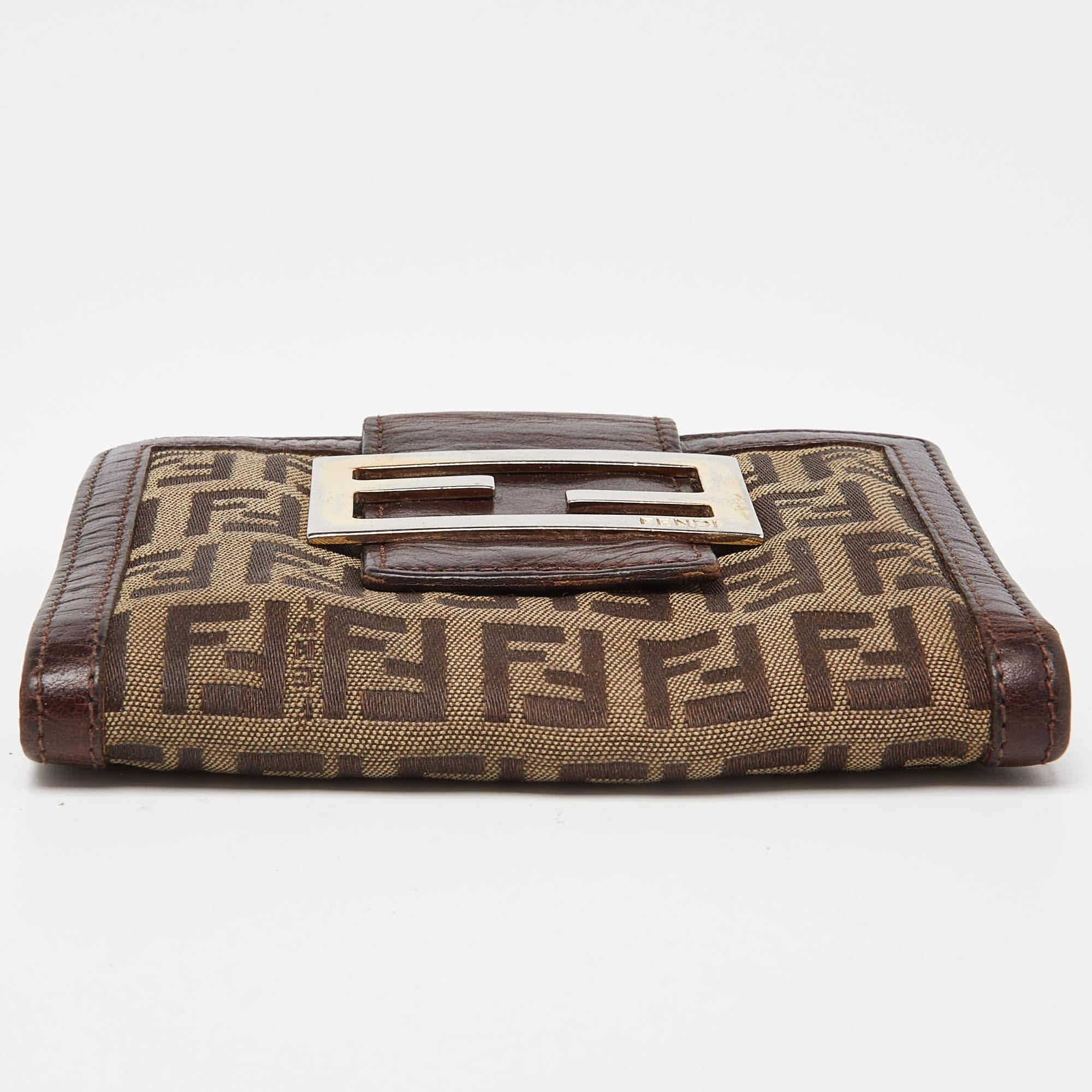 Fendi Beige/Brown Zuchino Canvas and Leather Forever Flap Wallet For Sale 1
