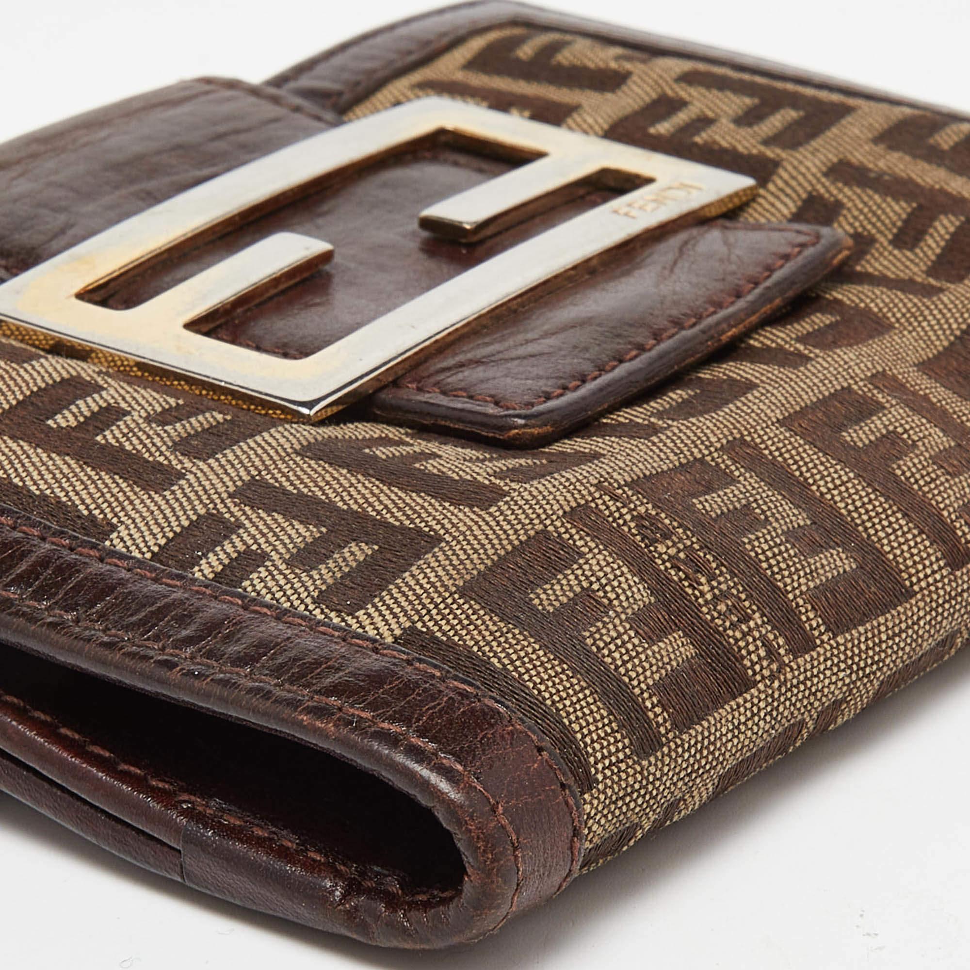 Fendi Beige/Brown Zuchino Canvas and Leather Forever Flap Wallet For Sale 4