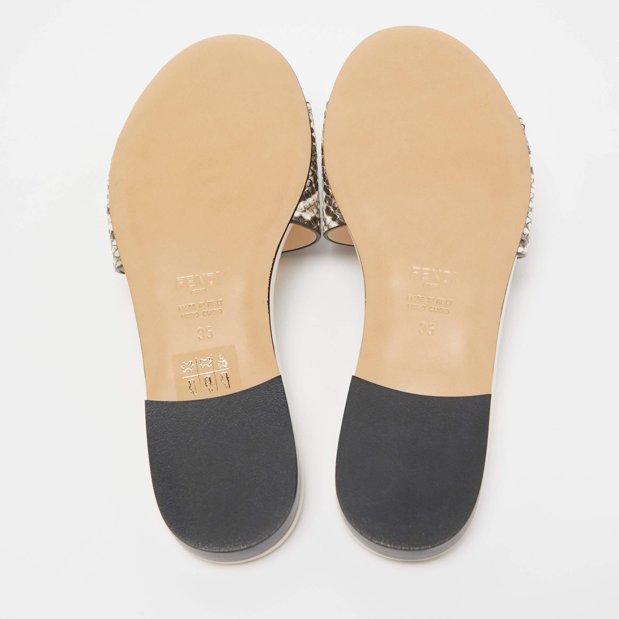 Women's Fendi Beige/Cream Python Embossed Leather Baguette Flat Slides Size 35
