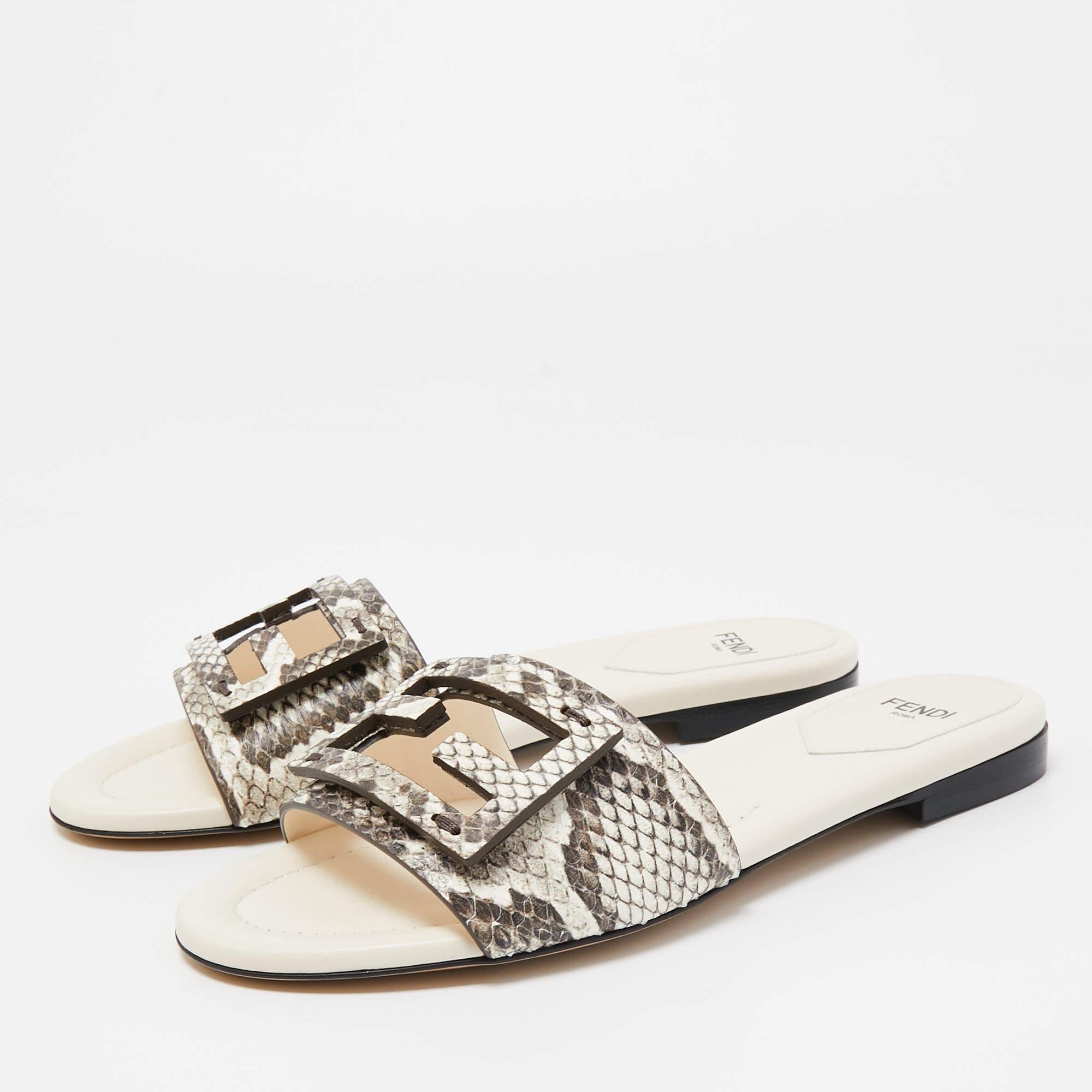 Fendi Beige/Cream Python Embossed Leather Baguette Flat Slides Size 35 3