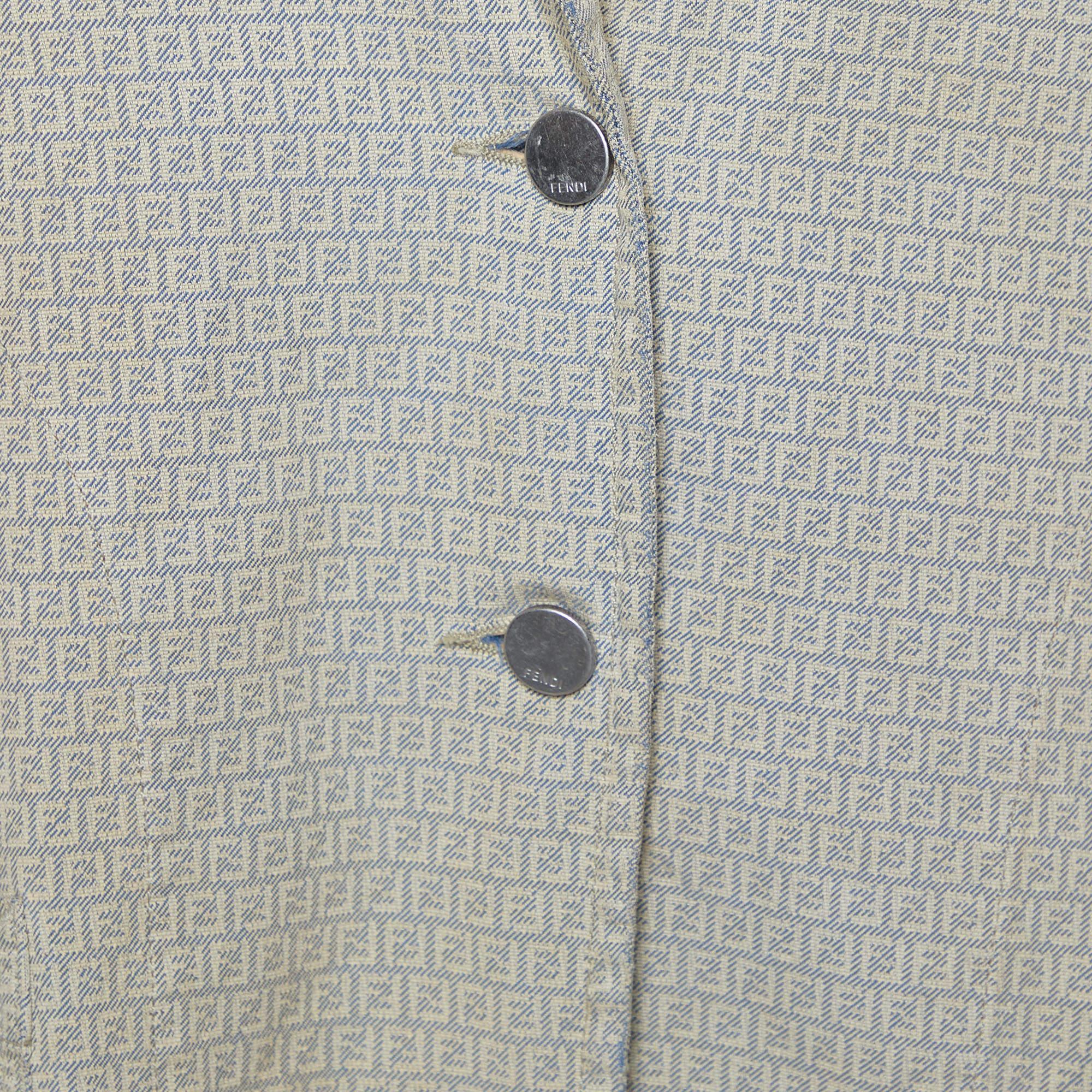 Fendi Beige Distressed Logo Monogram Denim Jacket  In Good Condition In Dubai, Al Qouz 2