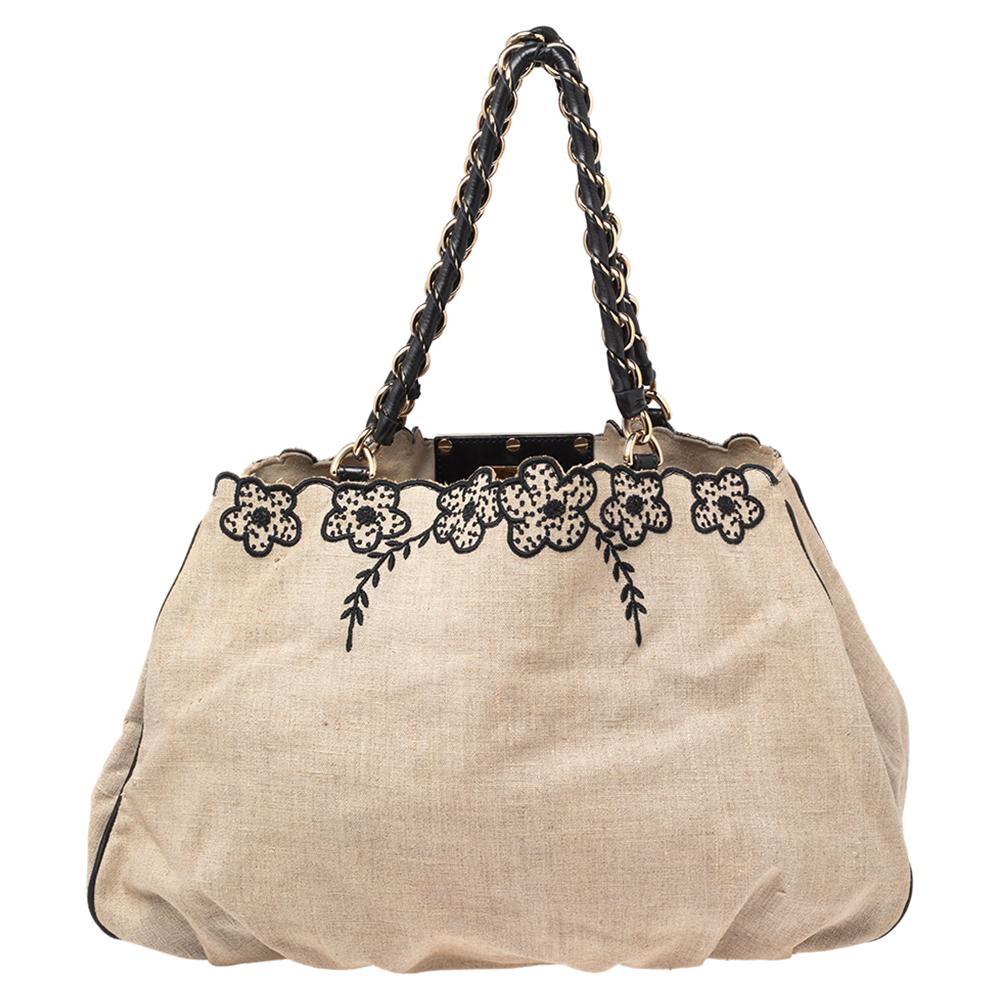 Complete a winning look with this large Mia tote from Fendi. Crafted from floral-embroidered canvas and leather, the front comes with a striking gold-tone F motif and the top reveals a fabric & suede interior that is sure to fit in your everyday