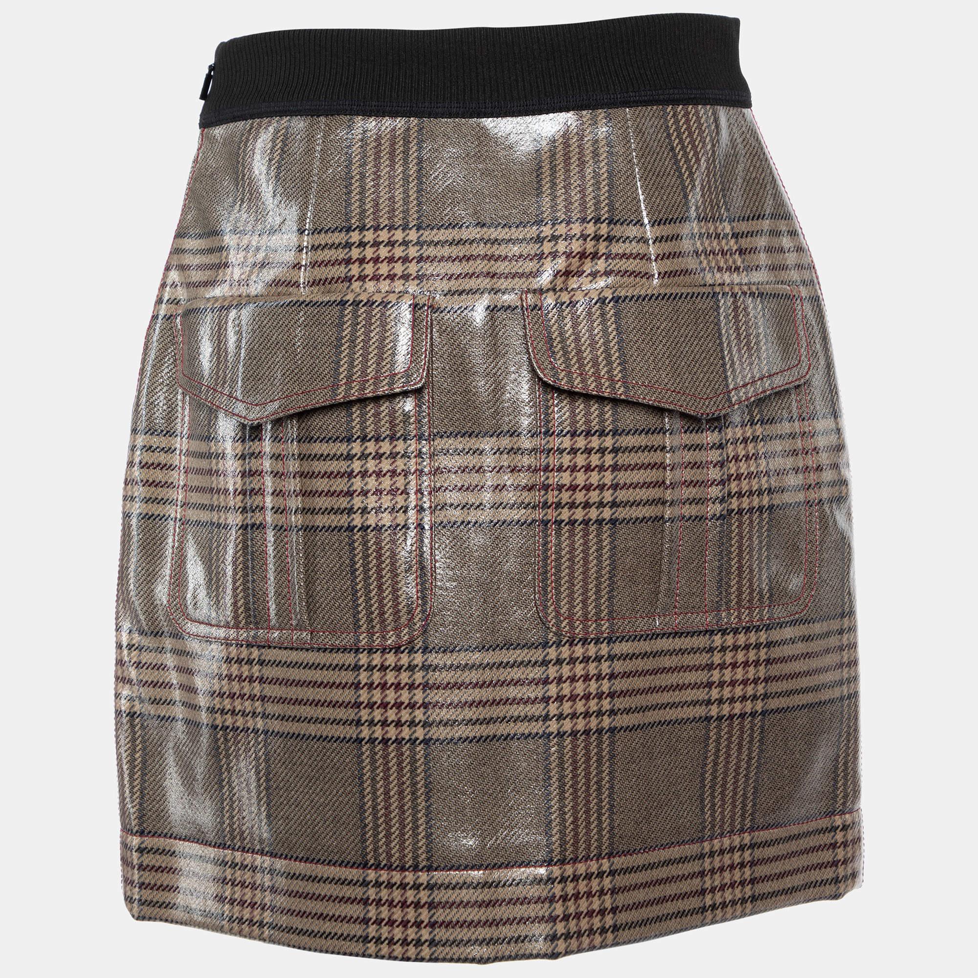 Women's Fendi Beige Glazed Prince of Wales Plaid Wool Mini Skirt S For Sale