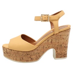 Fendi Beige Leather Cork Wedge Ankle Strap Sandals Size 36