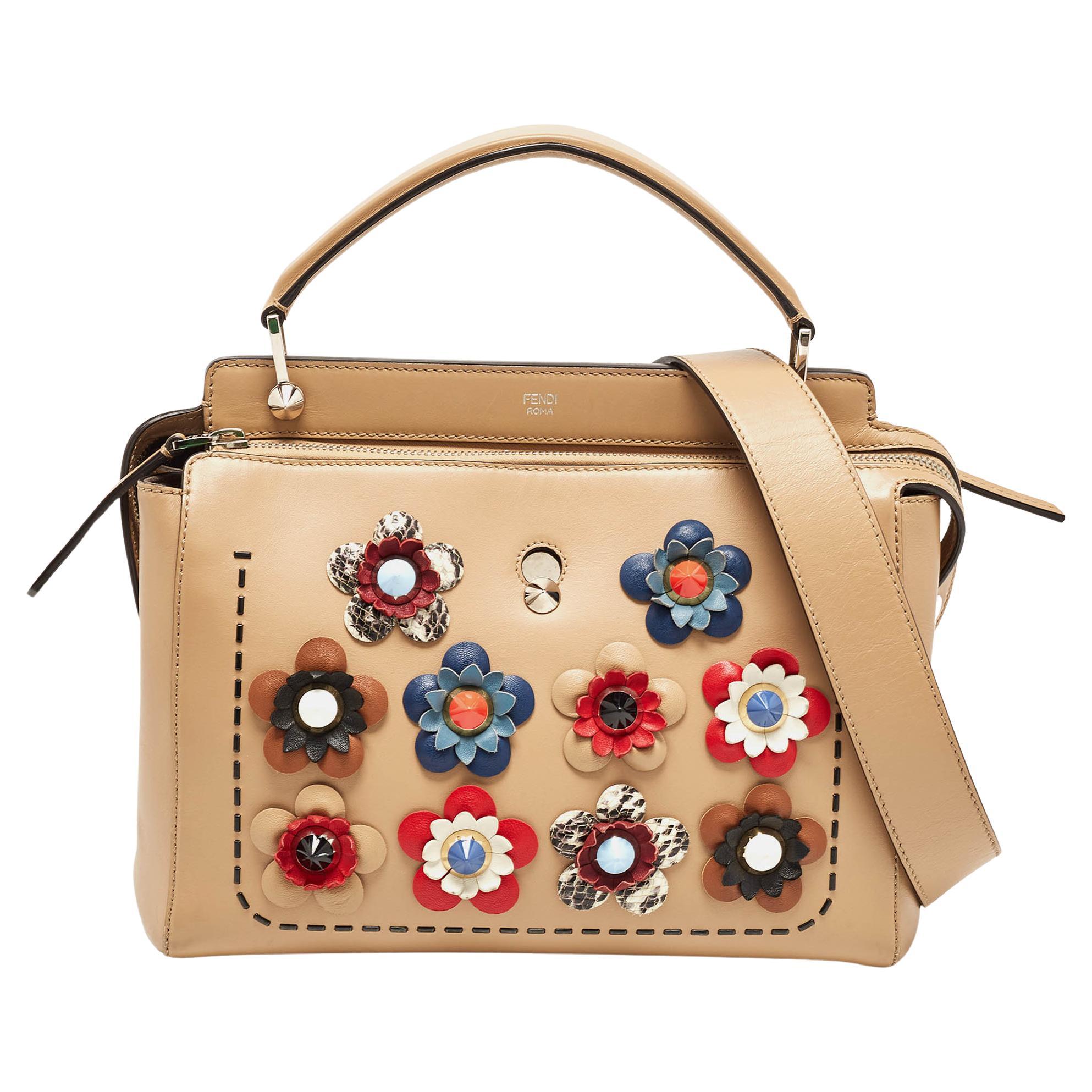 Fendi Beige Leather Flowerland Dotcom Top Handle Bag For Sale
