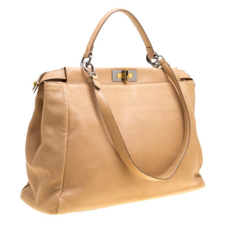Fendi Beige Leather Large Peekaboo Top Handle Bag For Sale at 1stdibs