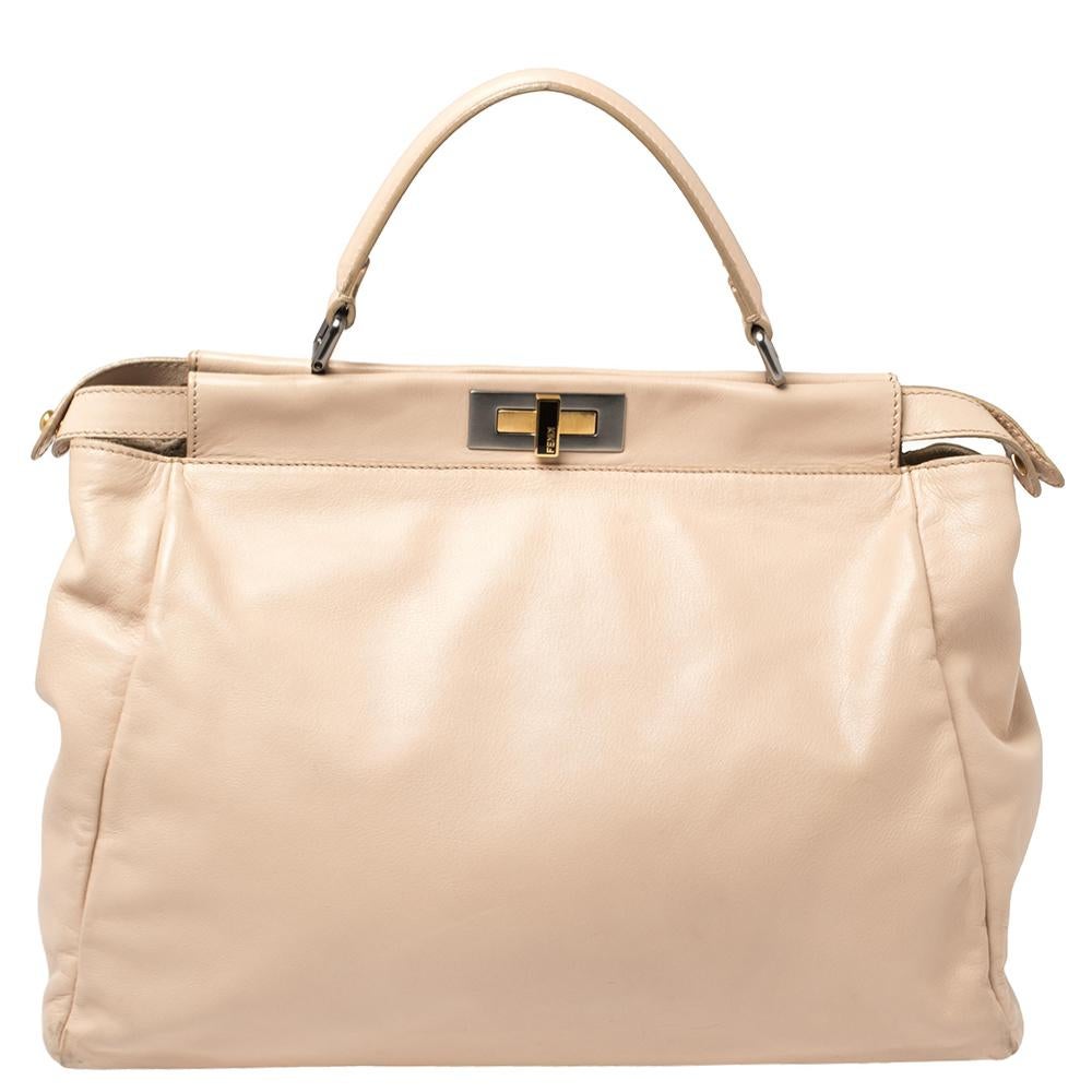 Fendi Beige Leather Large Peekaboo Top Handle Bag In Good Condition In Dubai, Al Qouz 2