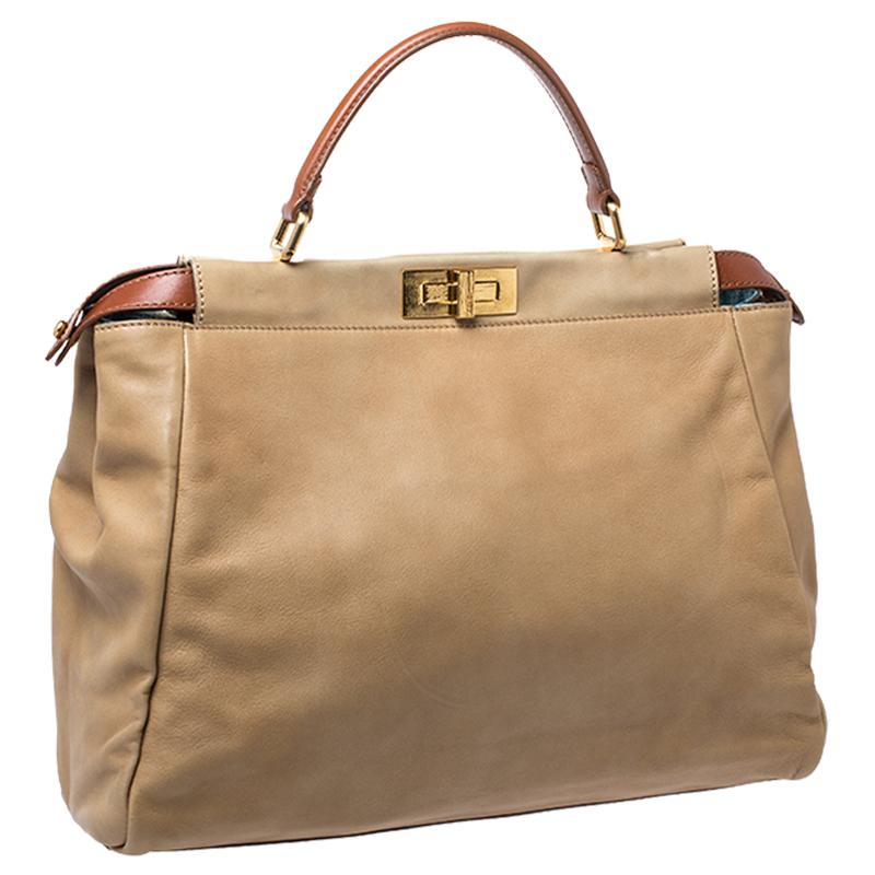 Women's Fendi Beige Leather Large Peekaboo Top Handle Bag