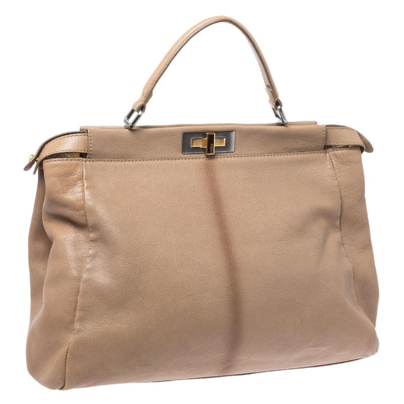 Fendi Beige Leather Large Peekaboo Top Handle Bag In Good Condition In Dubai, Al Qouz 2