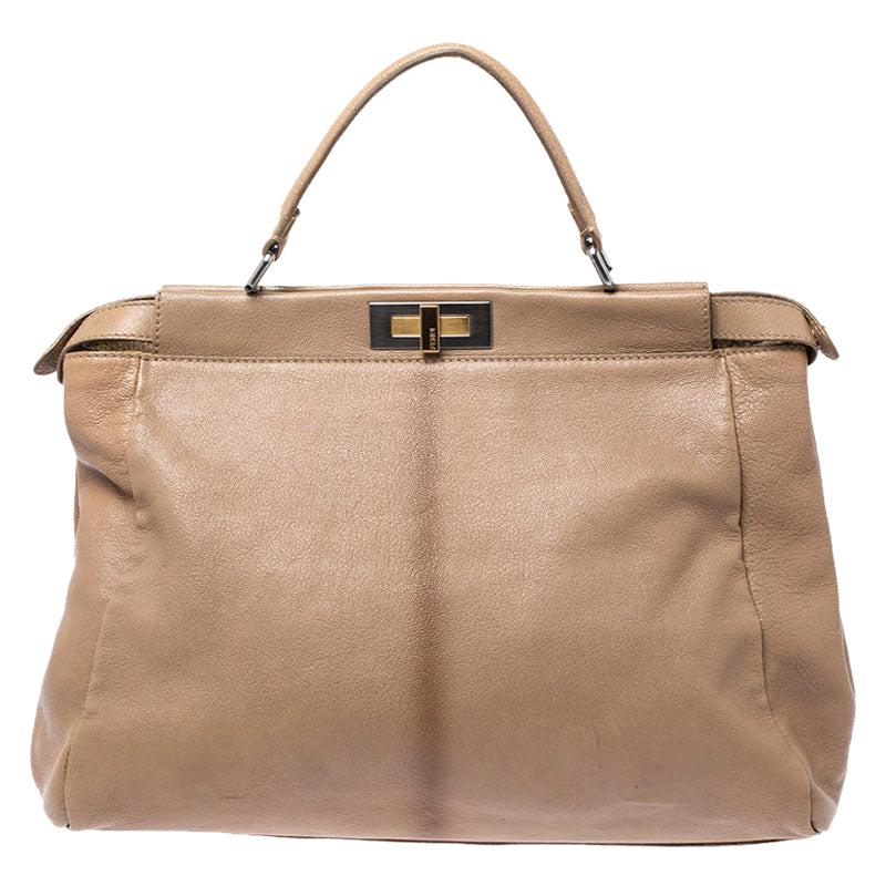 Fendi Beige Leather Large Peekaboo Top Handle Bag