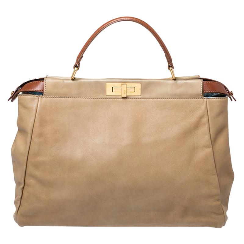 Fendi Beige Leather Large Peekaboo Top Handle Bag