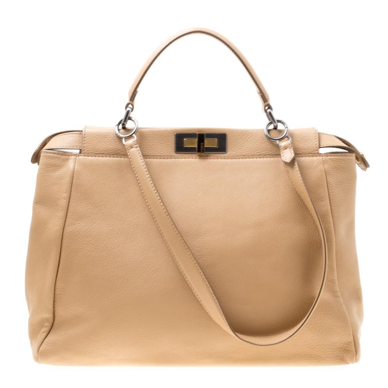 Fendi Beige Leather Large Peekaboo Top Handle Bag