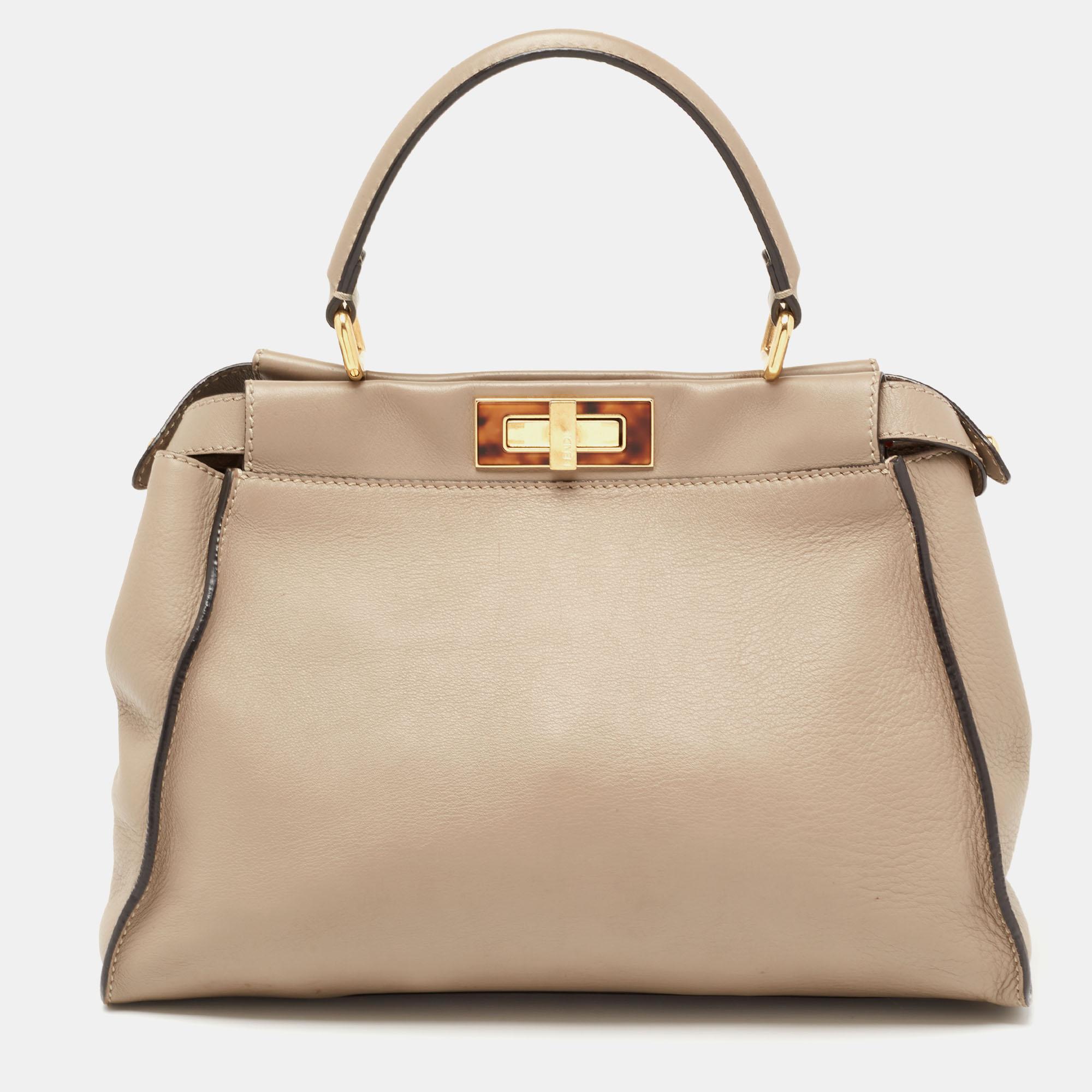 Fendi Beige Leather Medium Peekaboo Top Handle Bag