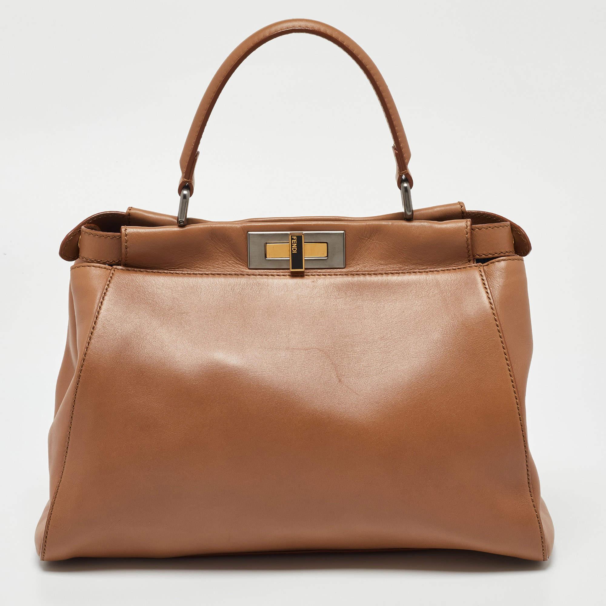 Fendi Beige Leather Medium Peekaboo Top Handle Bag 4