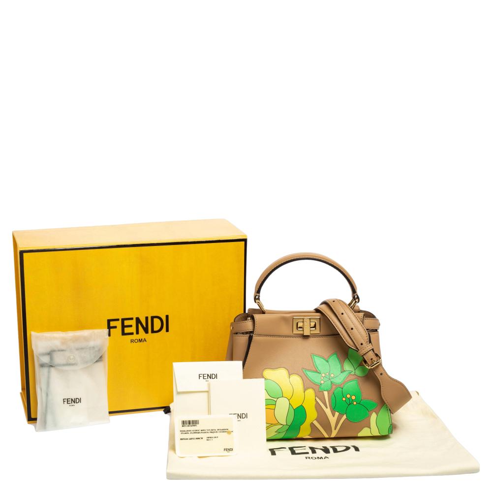 Fendi Beige Leather Mini Floral Peekaboo Top Handle Bag 4