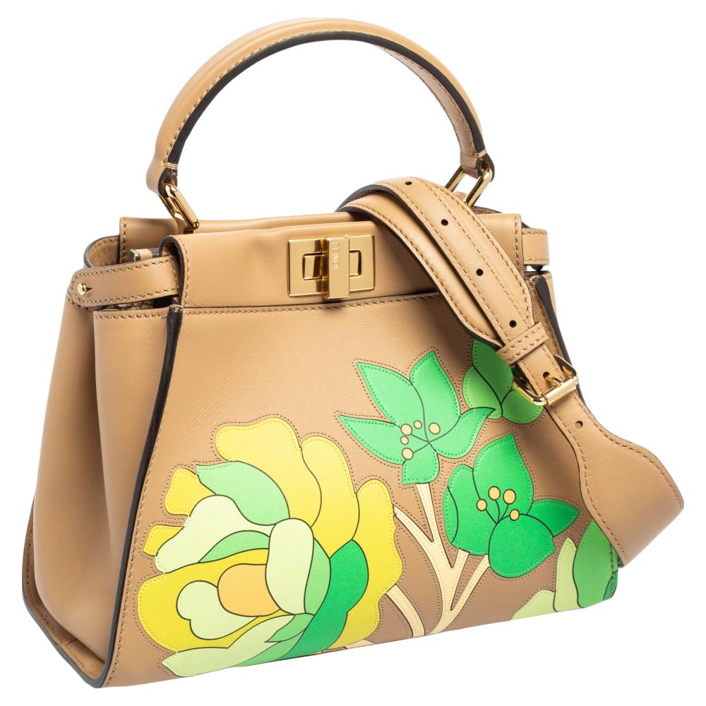 Fendi Beige Leather Mini Floral Peekaboo Top Handle Bag 6
