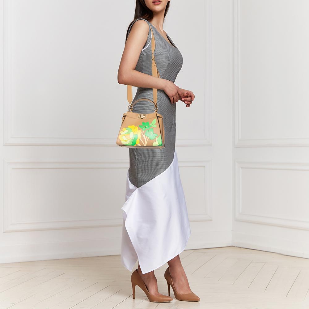 Women's Fendi Beige Leather Mini Floral Peekaboo Top Handle Bag