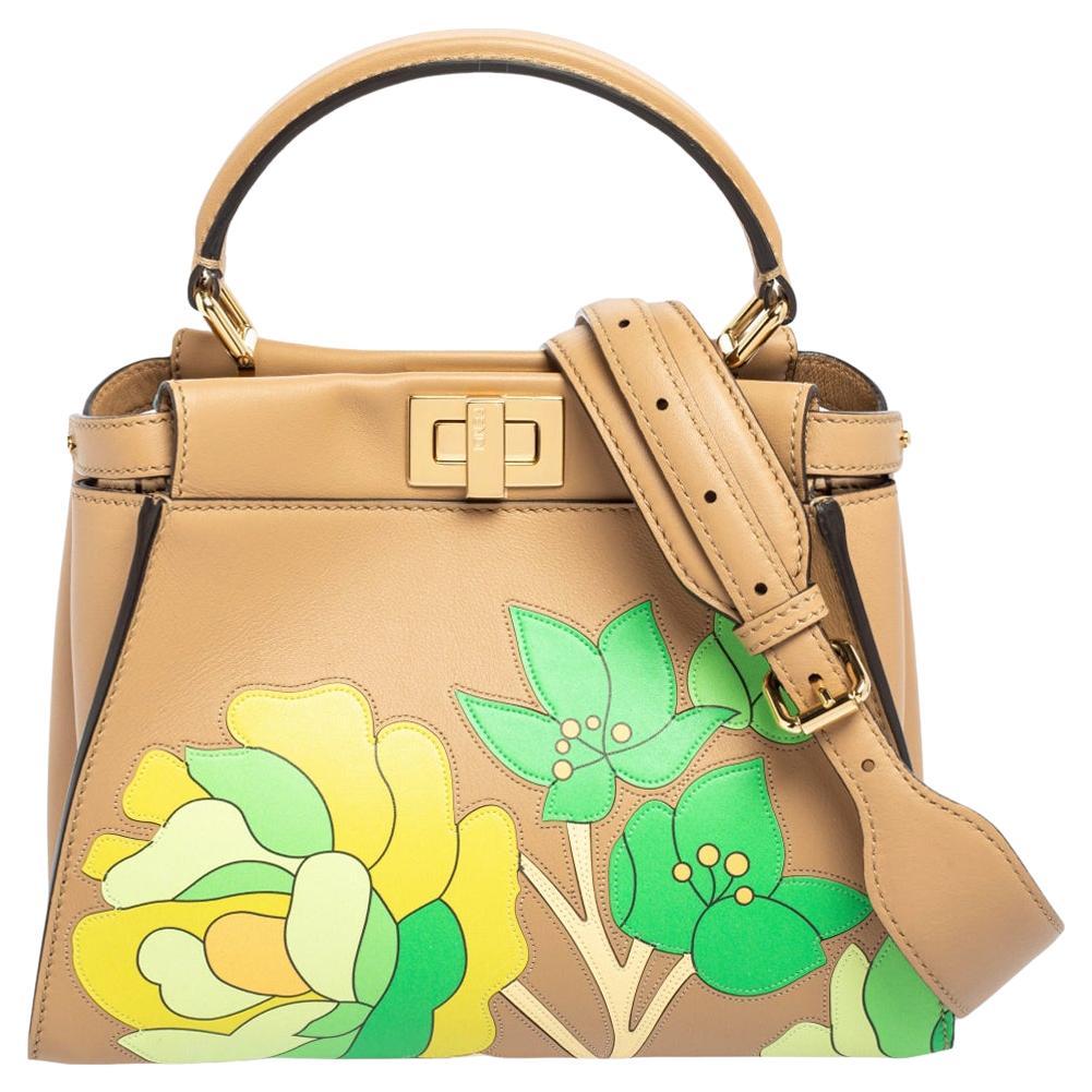 Fendi Beige Leather Mini Floral Peekaboo Top Handle Bag
