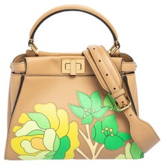 Fendi Beige Leather Mini Floral Peekaboo Top Handle Bag