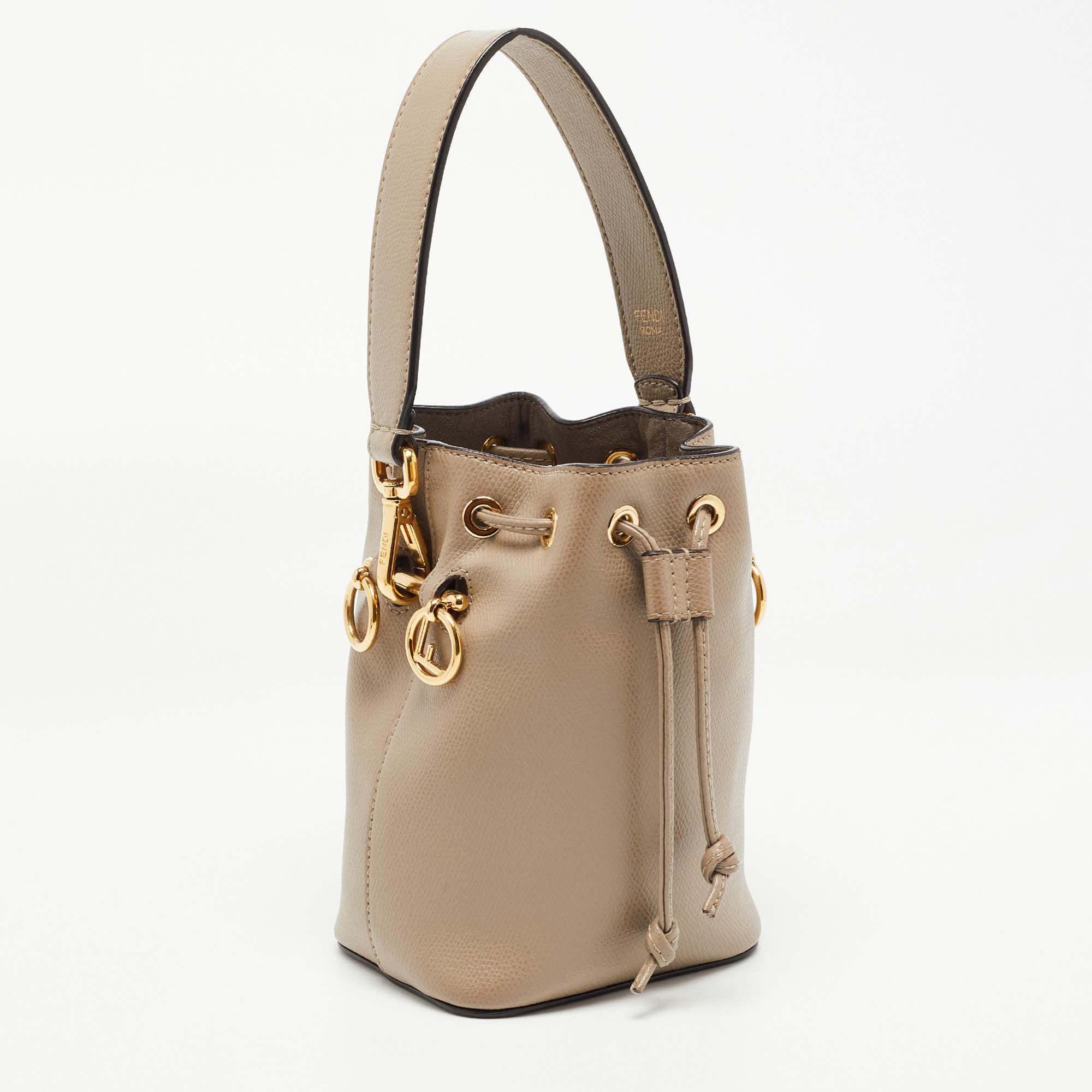 Women's Fendi Beige Leather Mini Mon Tresor Drawstring Bucket Bag