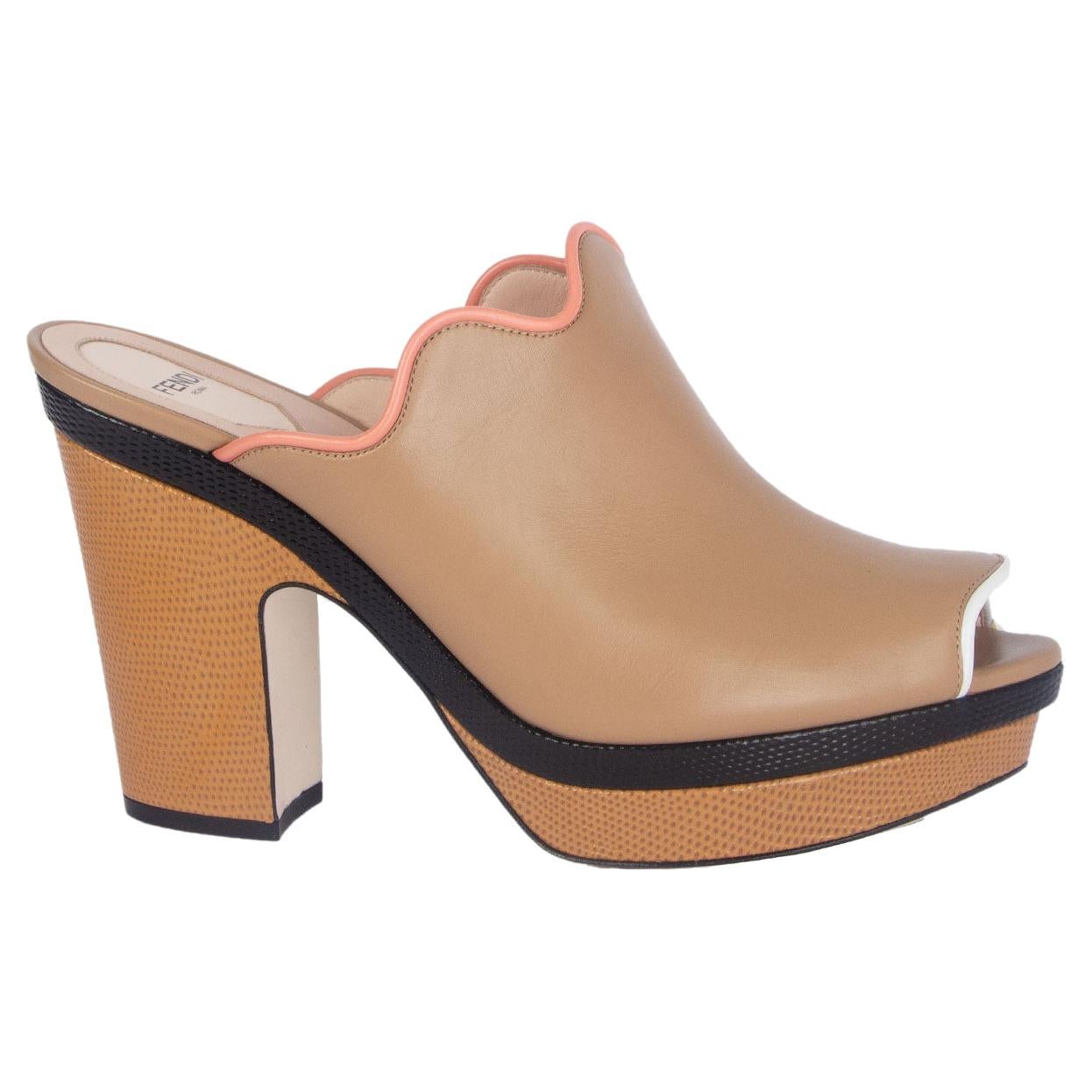 FENDI beige leather Platform Mule Sandals Shoes 41 For Sale