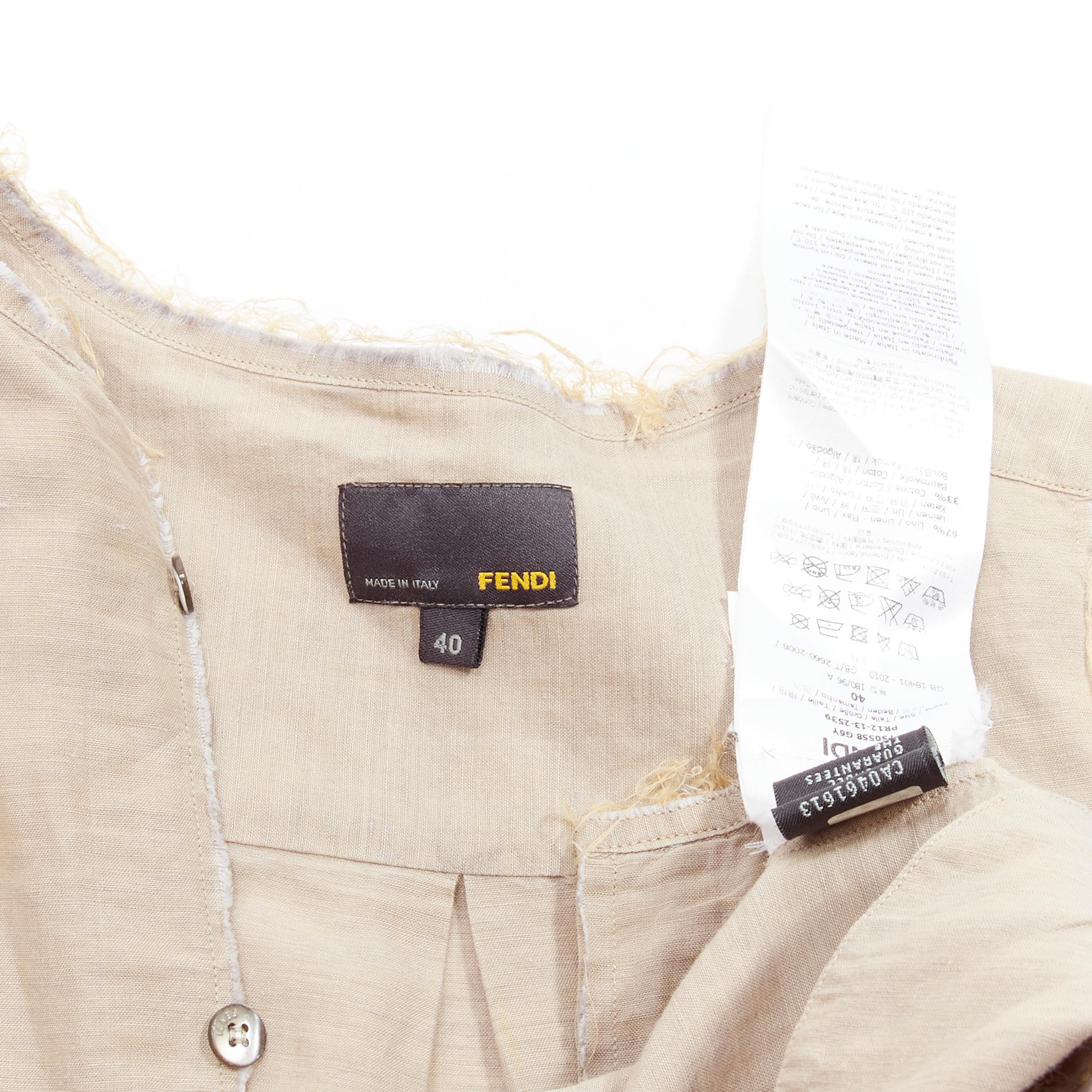 FENDI beige linen cotton raw frayed half button long sleeve shirt EU40 L For Sale 5