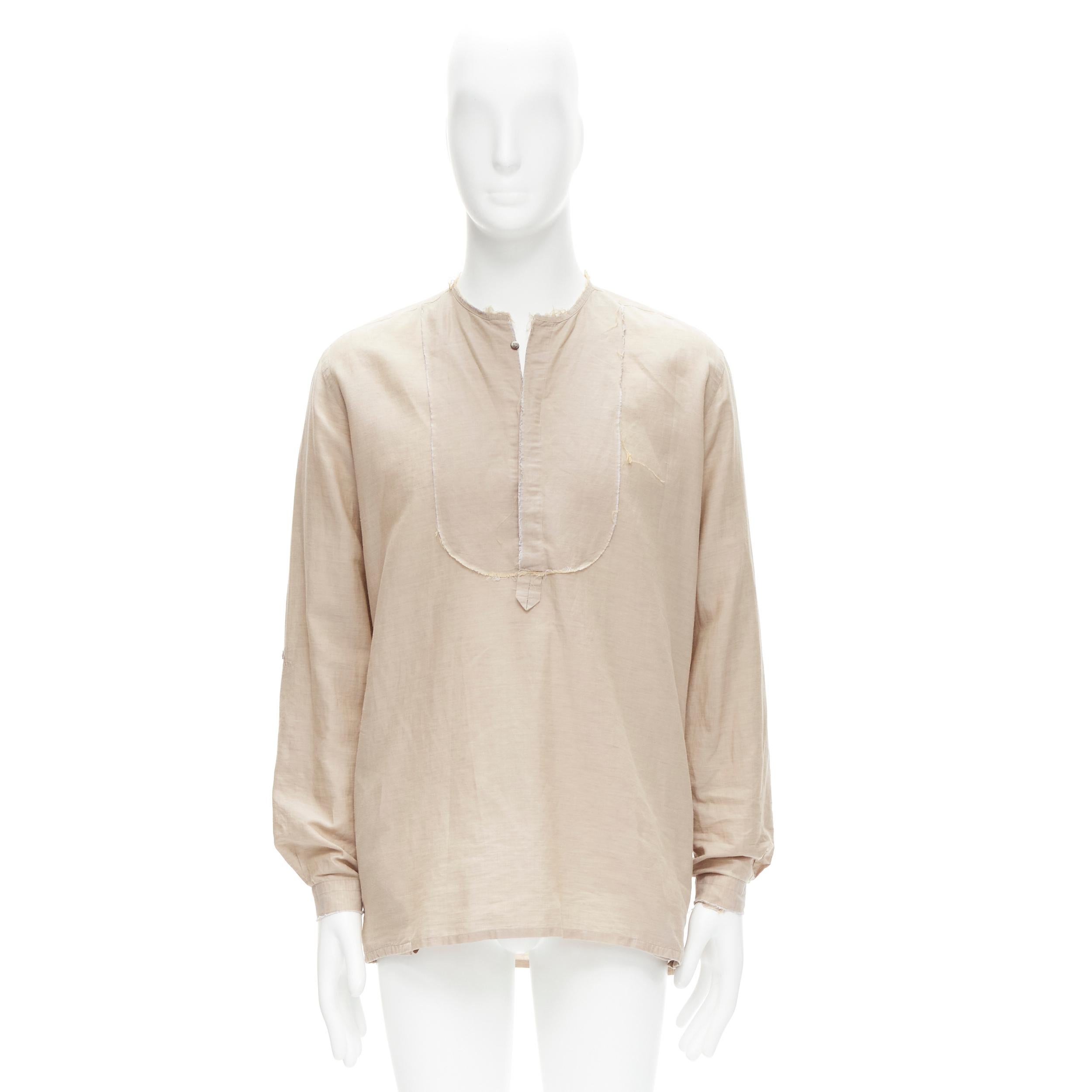 FENDI beige linen cotton raw frayed half button long sleeve shirt EU40 L For Sale 6