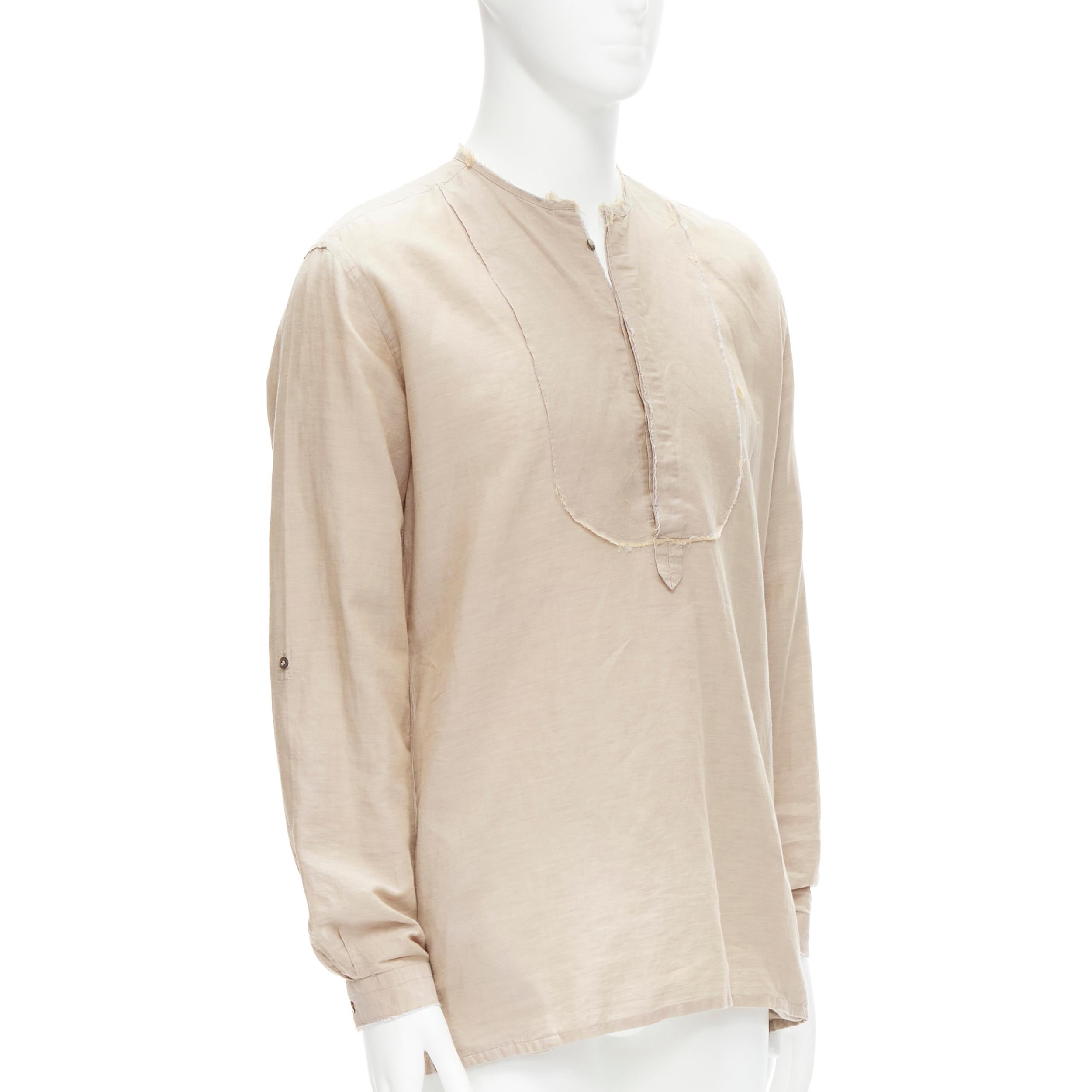 Beige FENDI beige linen cotton raw frayed half button long sleeve shirt EU40 L For Sale