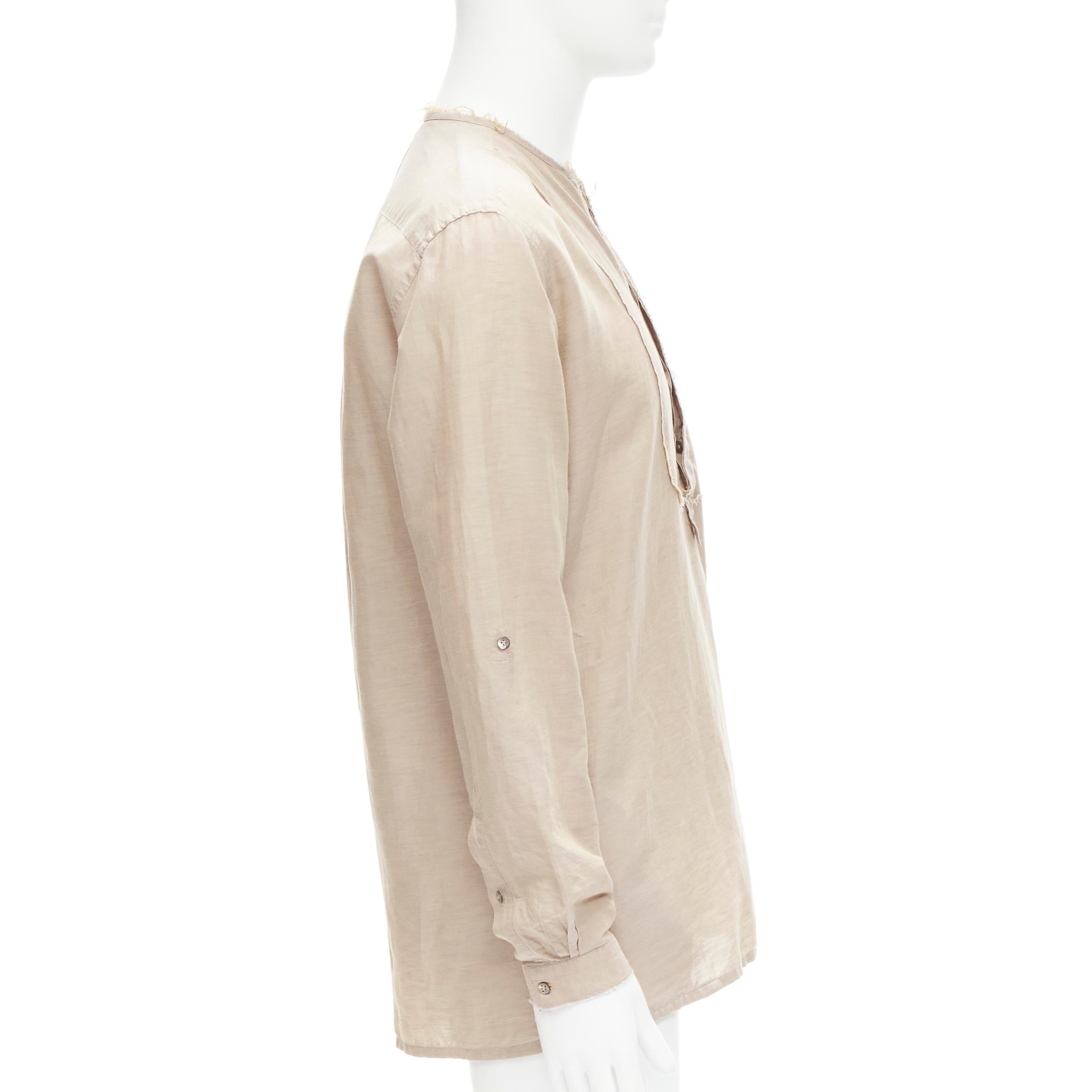 FENDI beige linen cotton raw frayed half button long sleeve shirt EU40 L In Excellent Condition For Sale In Hong Kong, NT