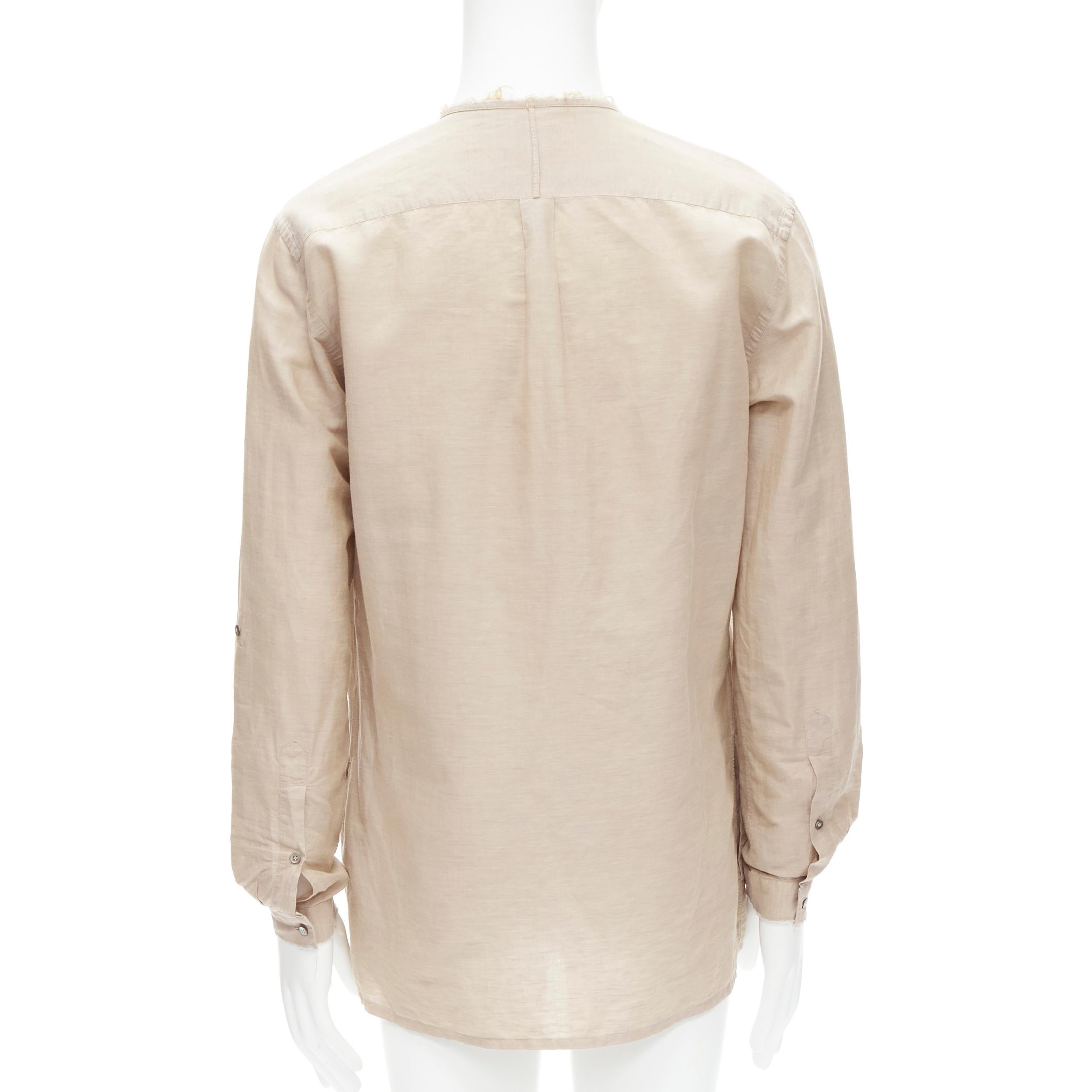 Women's FENDI beige linen cotton raw frayed half button long sleeve shirt EU40 L For Sale