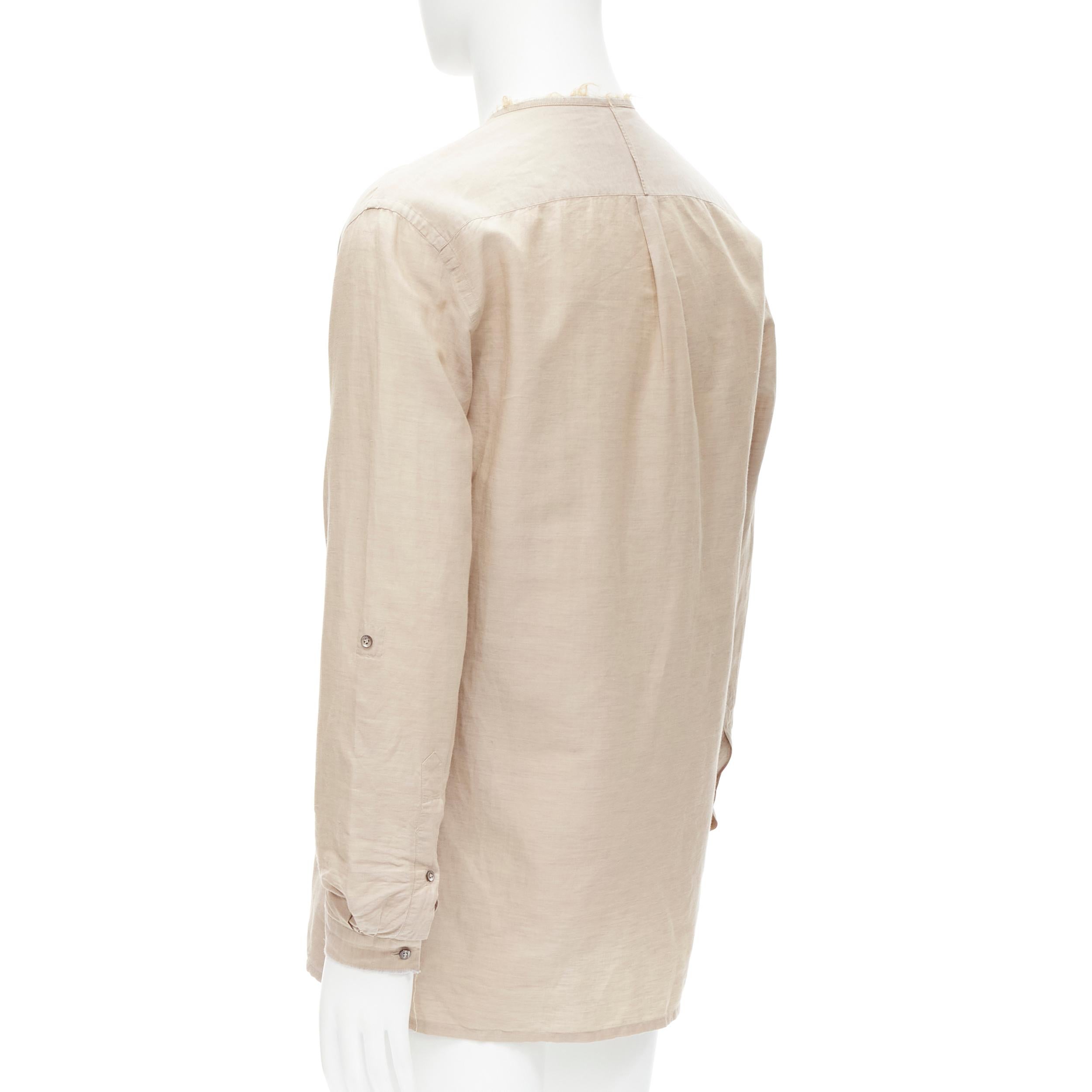 FENDI beige linen cotton raw frayed half button long sleeve shirt EU40 L For Sale 1