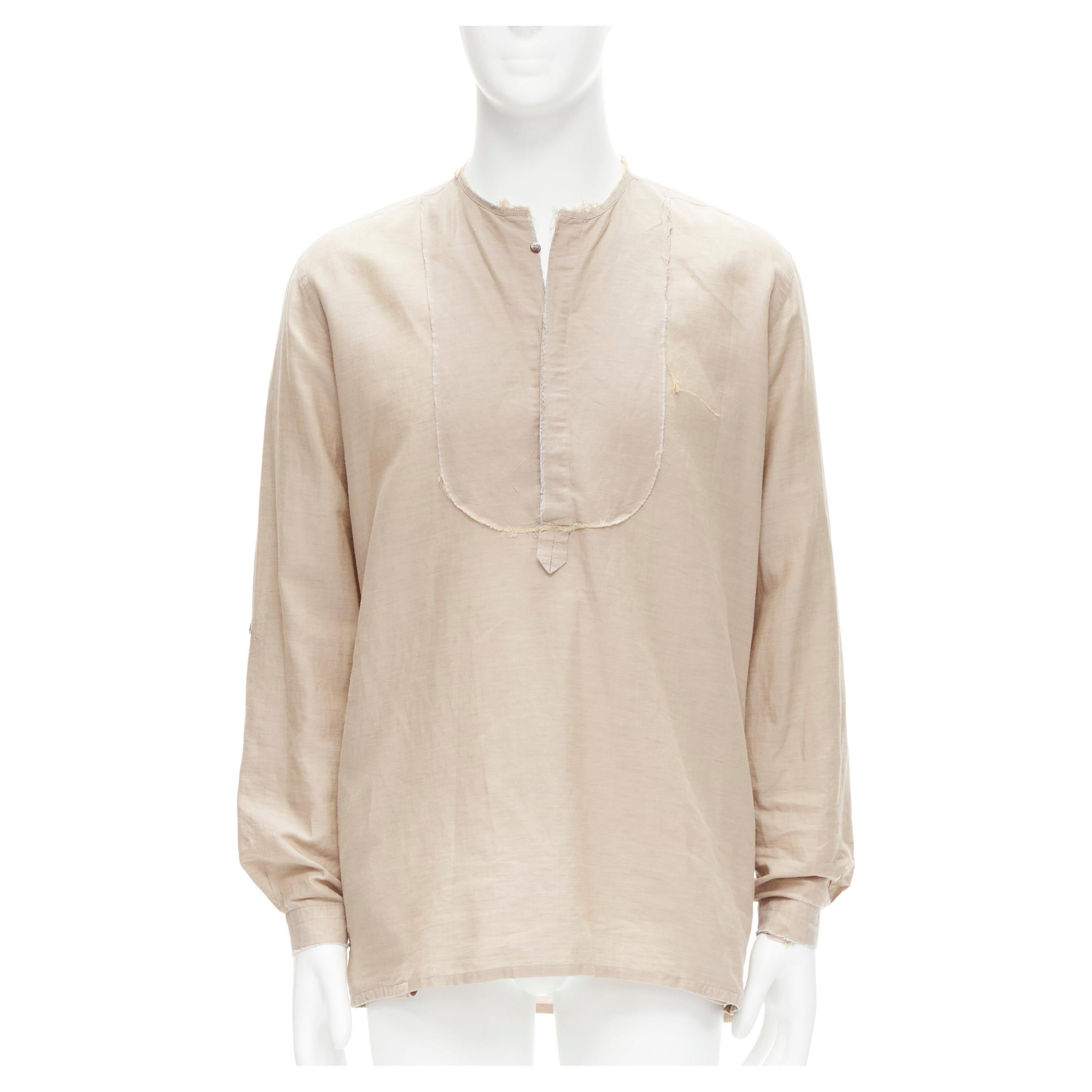 FENDI beige linen cotton raw frayed half button long sleeve shirt EU40 L For Sale