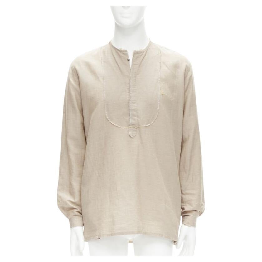 FENDI beige linen cotton raw frayed half button long sleeve shirt EU40 L For Sale