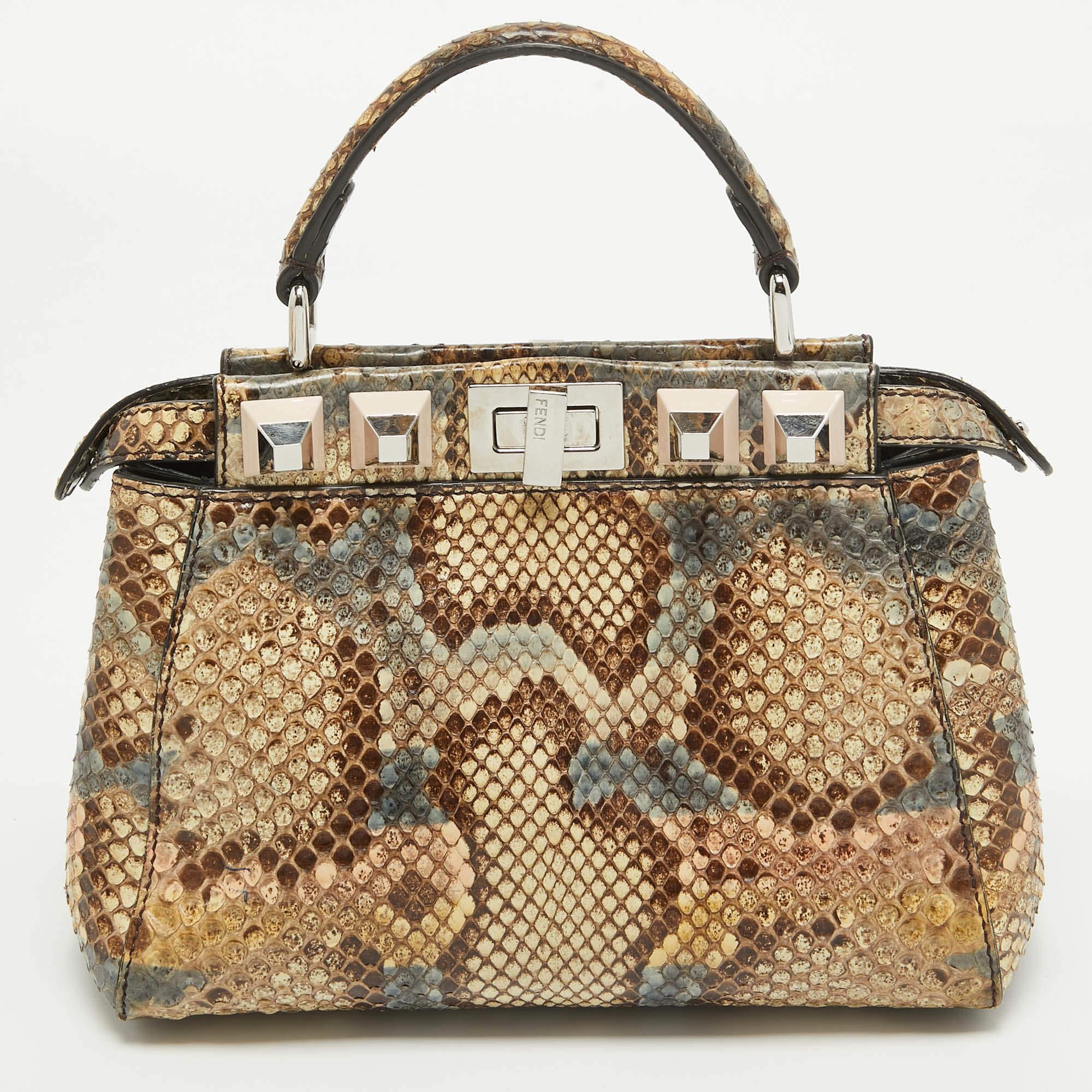 Women's Fendi Beige/Multicolor Python Mini Applique Peekaboo Top Handle Bag