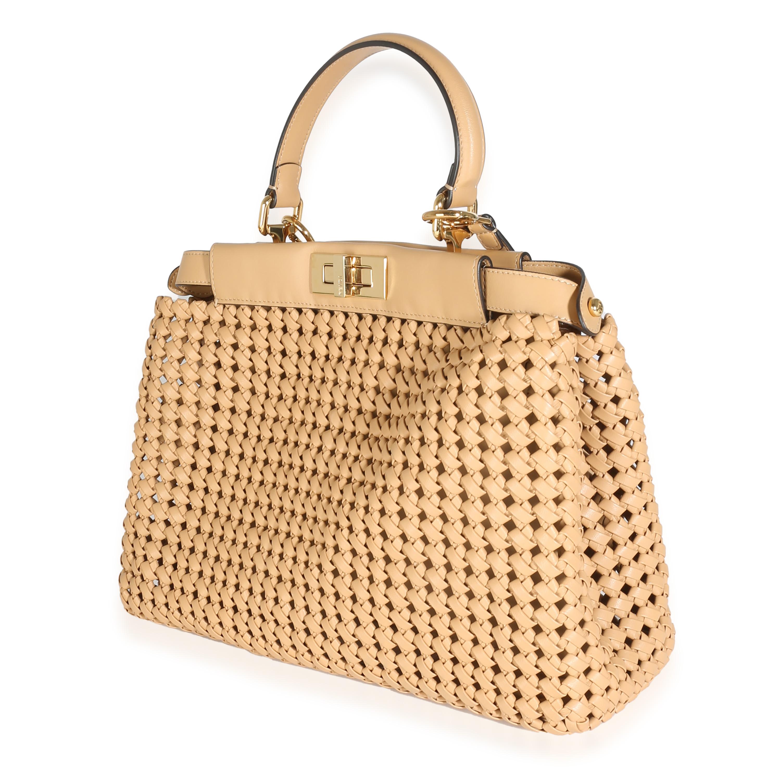 Fendi Beige Nappa Matisse Intreccio Medium Peekaboo Iconic Satchel In Excellent Condition For Sale In New York, NY