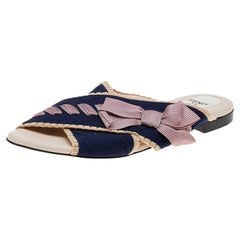 Fendi Beige/Navy Blue Knit Fabric Bow Cross Strap Open Toe Flat Slides Size 37