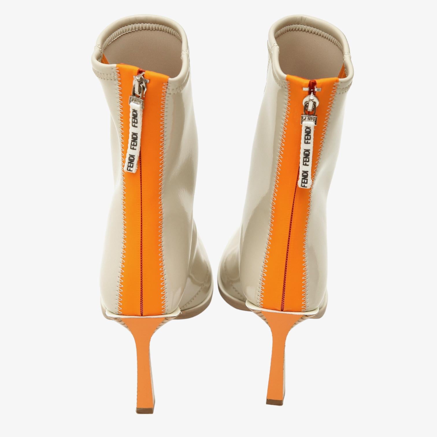 Women's FENDI Ankle Boots Beige Orange Neoprene FFRAME Zipper Wood Heels Sz 38 For Sale