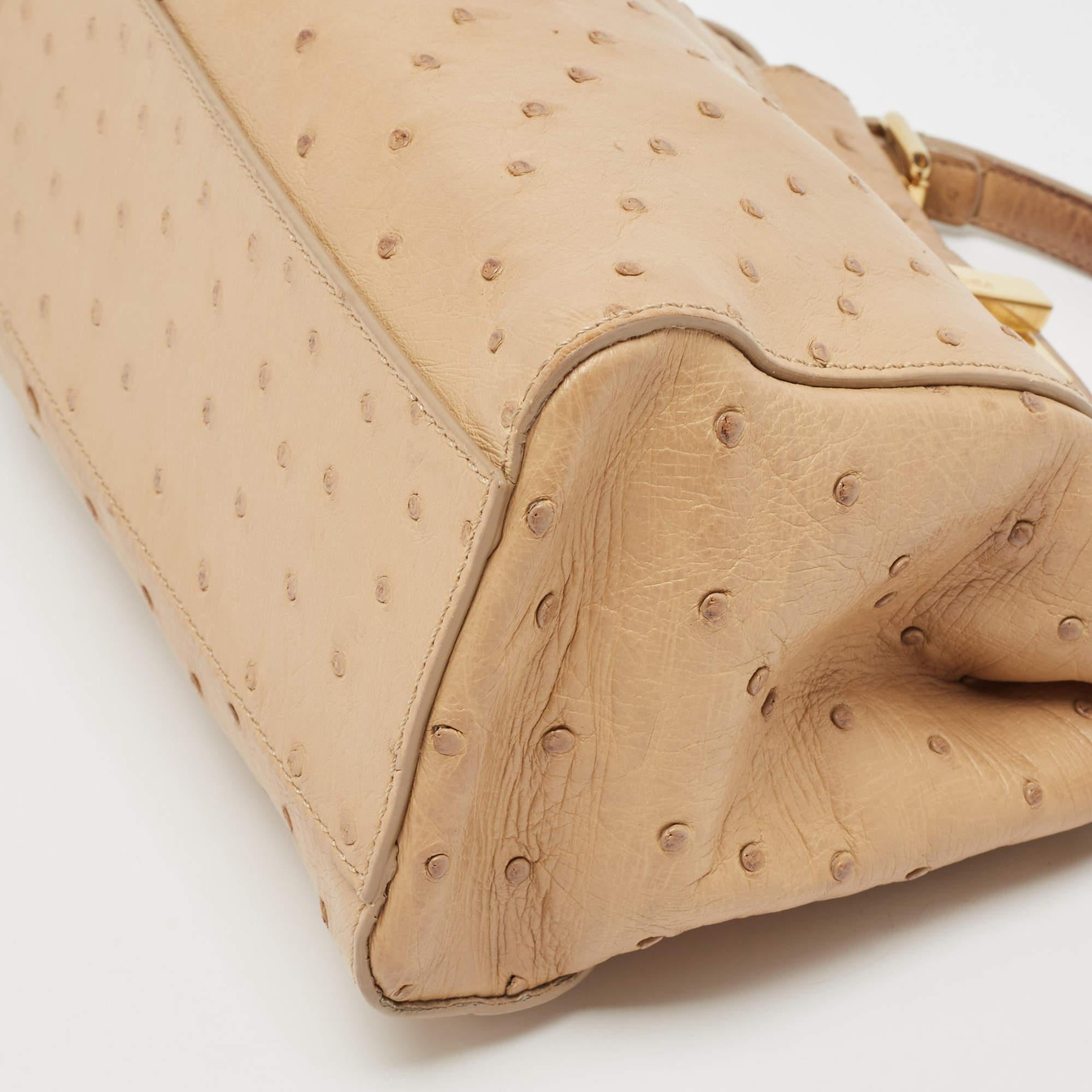 Fendi Beige Ostrich Leather Mini Peekaboo Top Handle Bag For Sale 6